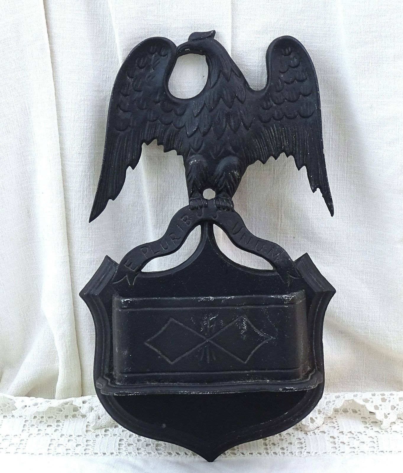Vintage Black Metal Wall Pocket With Eagle And E Pluribus Unum Motto The First Great Seal Of The United States By John Adams, American Decor photo furniture