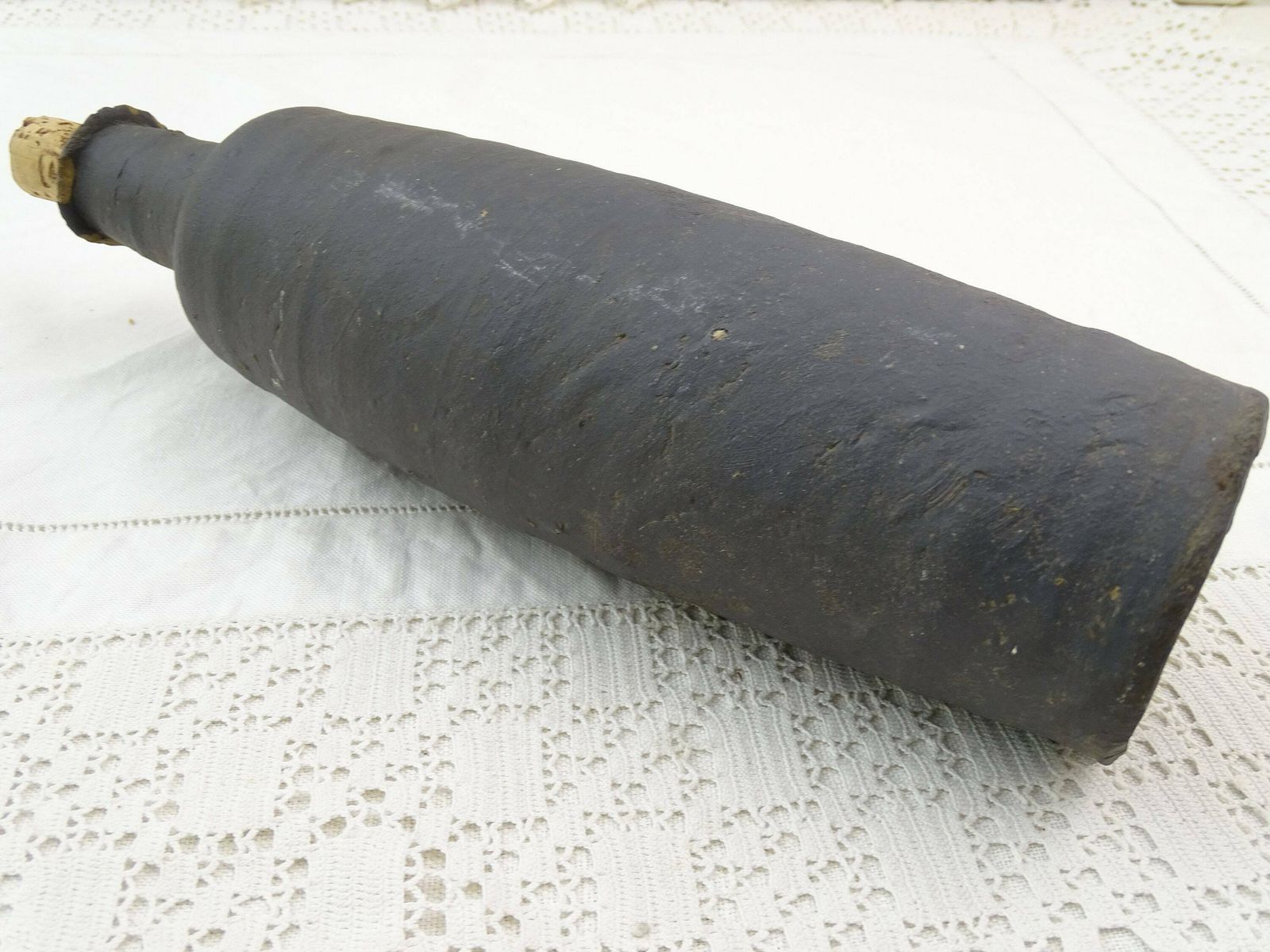 Antique French Rustic Handmade Unglazed Black Earthenware Ceramic Bottle, Old Primitive Pottery Bud Vase Of Normandy France, Farmhouse Decor photo Home Decor