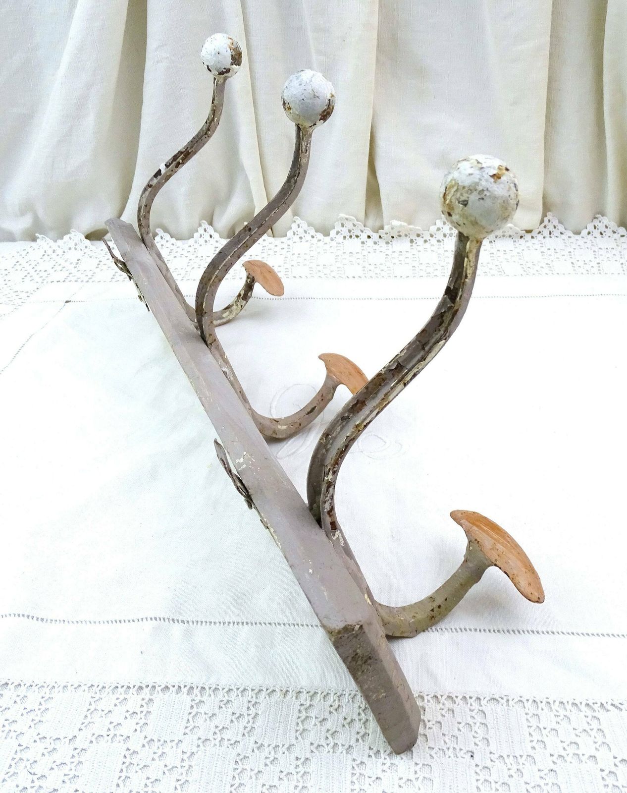 Vintage French 3 Hook Metal Coat And Hat Rack On Wooden Mount In Gray Chalk Paint, Vintage Clothes Hanging Storage Accessory From France photo for sale