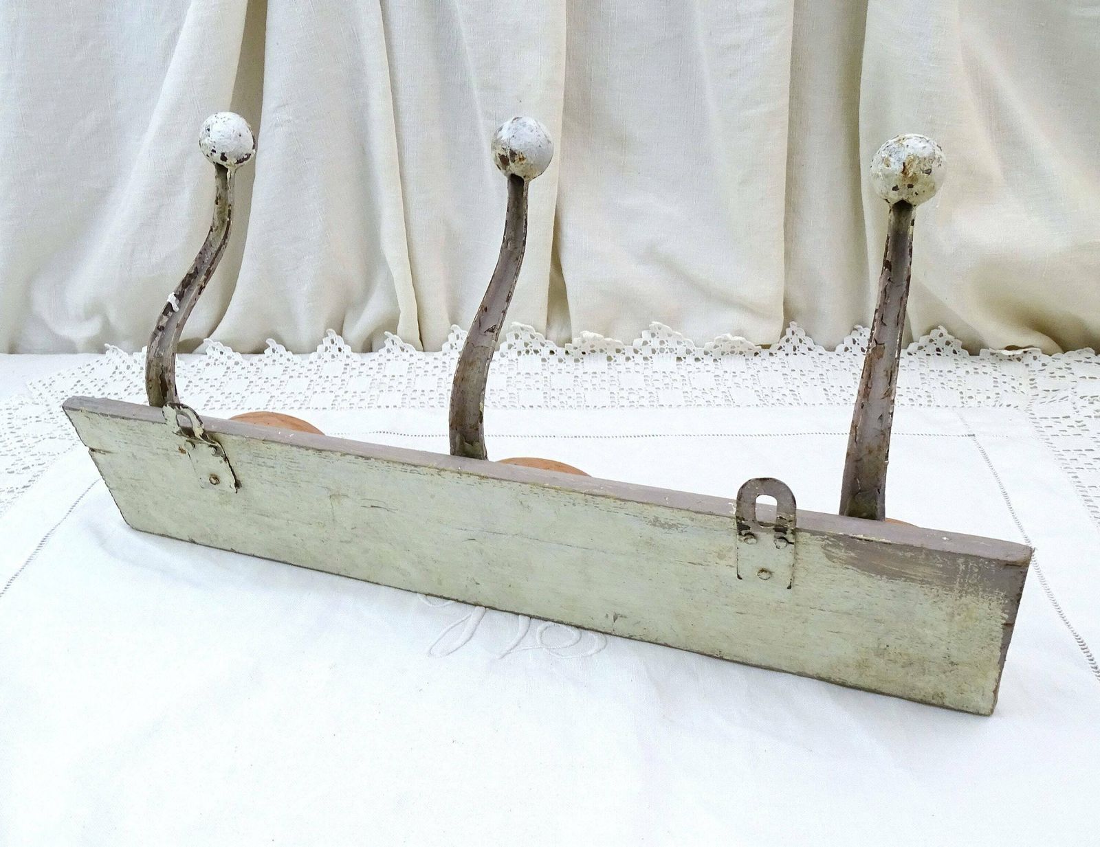 Vintage French 3 Hook Metal Coat And Hat Rack On Wooden Mount In Gray Chalk Paint, Vintage Clothes Hanging Storage Accessory From France photo Furniture