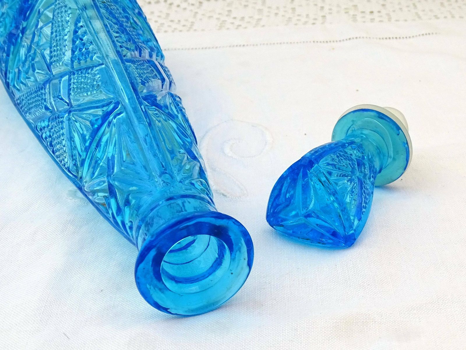 photo furniture Large Tall Vintage Italian Empoli Genie Style Mid Century 1960s Blue Cut Glass Decanter With Stopper, Retro European Glassware Carafe Bottle