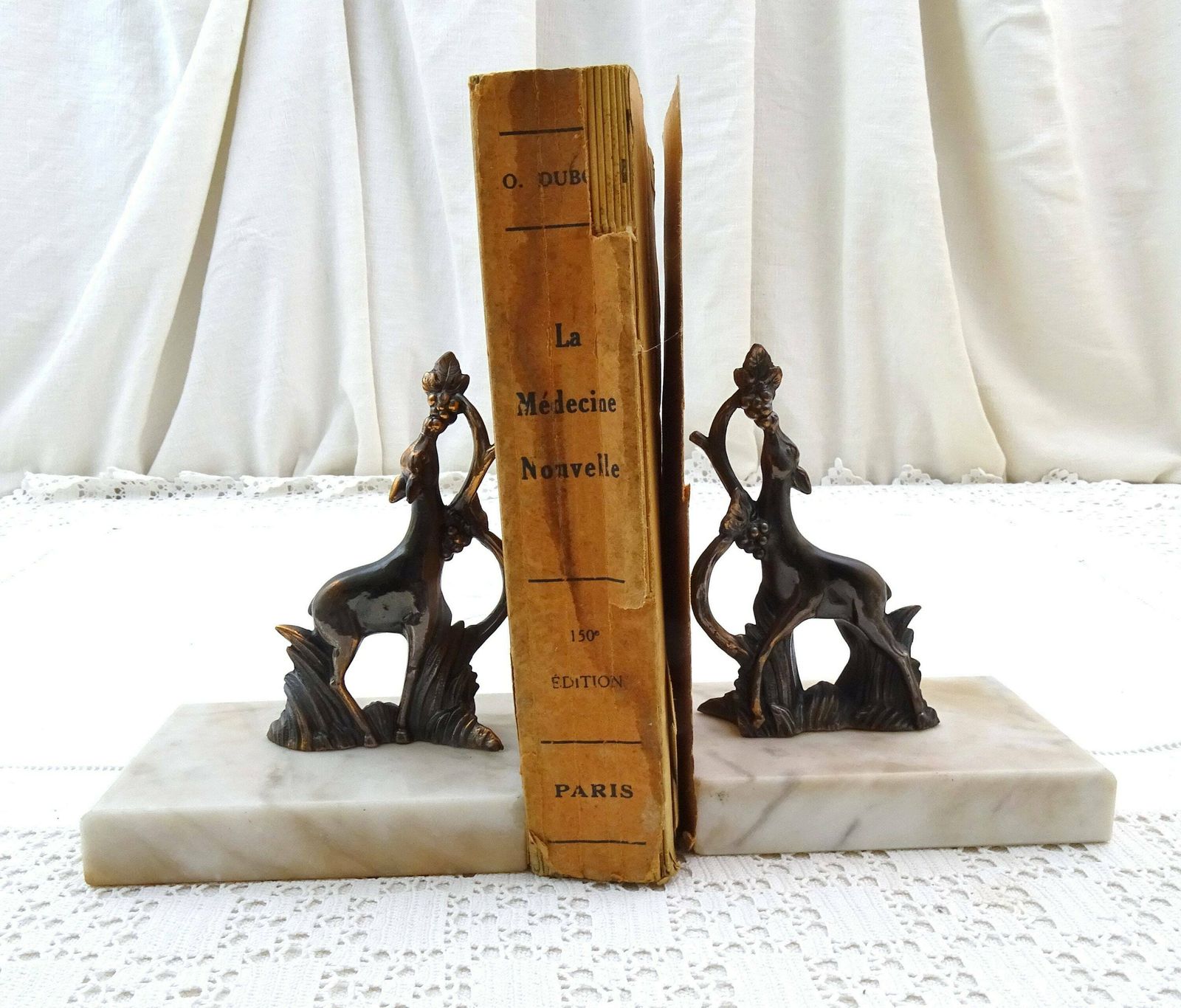 Vintage French Art Deco Bookends With Metal Deer Eating Grapes On White Marble Base, Retro 1930 Office Library Book Accessory From France