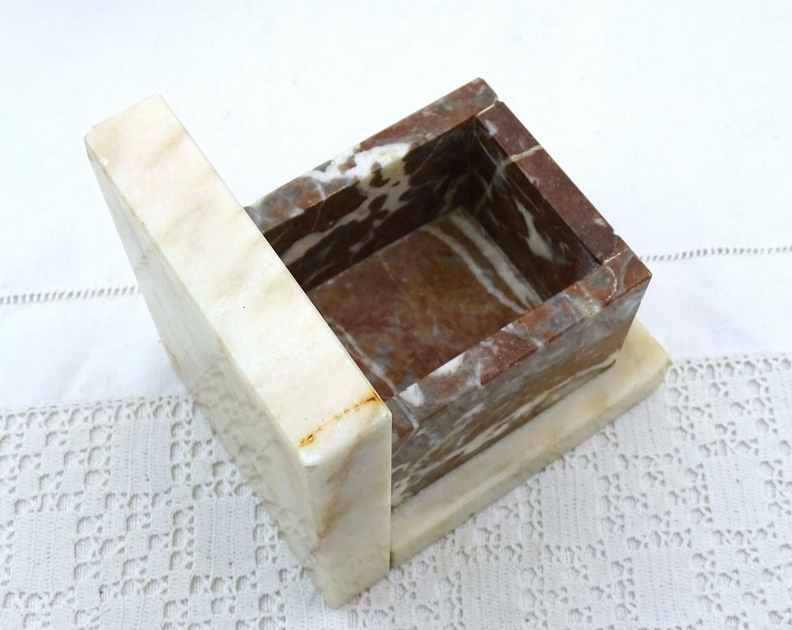 Vintage French Art Deco Veined Marble Bookends With Vide Poche, Retro Stone Book Ends From France, Geometric Library Item In White And Brown photo 88.0