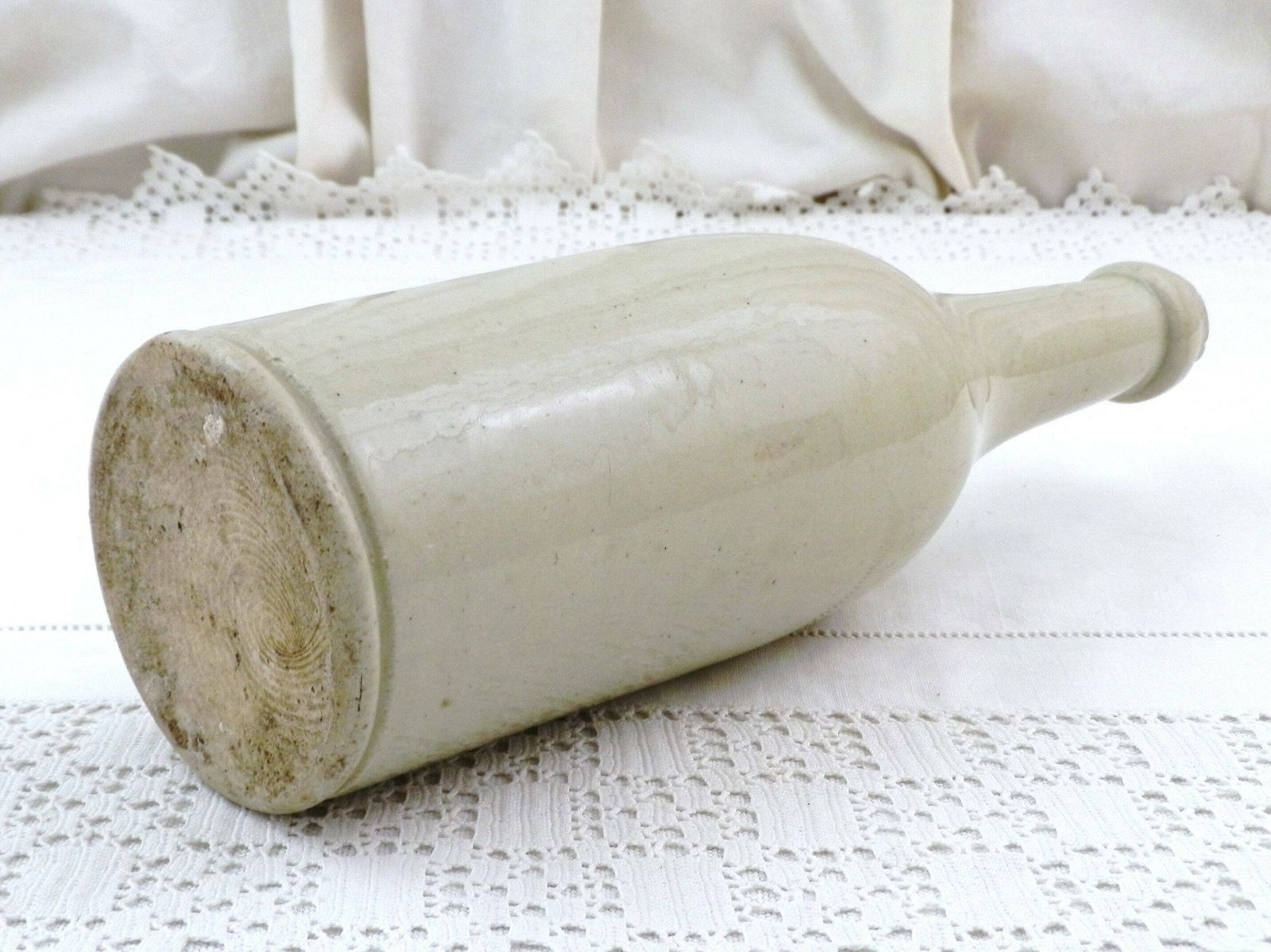 Antique French Rustic Pale Beige Salt Glaze Stoneware Ceramic Bottle, Old Primitive Saltware Pottery Vase From Normandy France, Farm Decor photo for sale