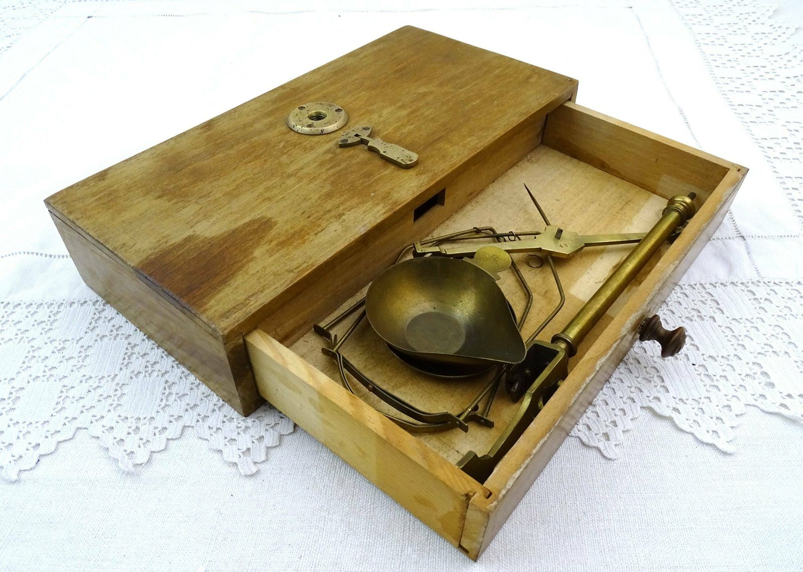 Antique French Brass Equal Arm Beam Balances With Wooden Draw, Vintage Apothecary And Analytical Scales From France, Old Style Gem Scale photo for sale