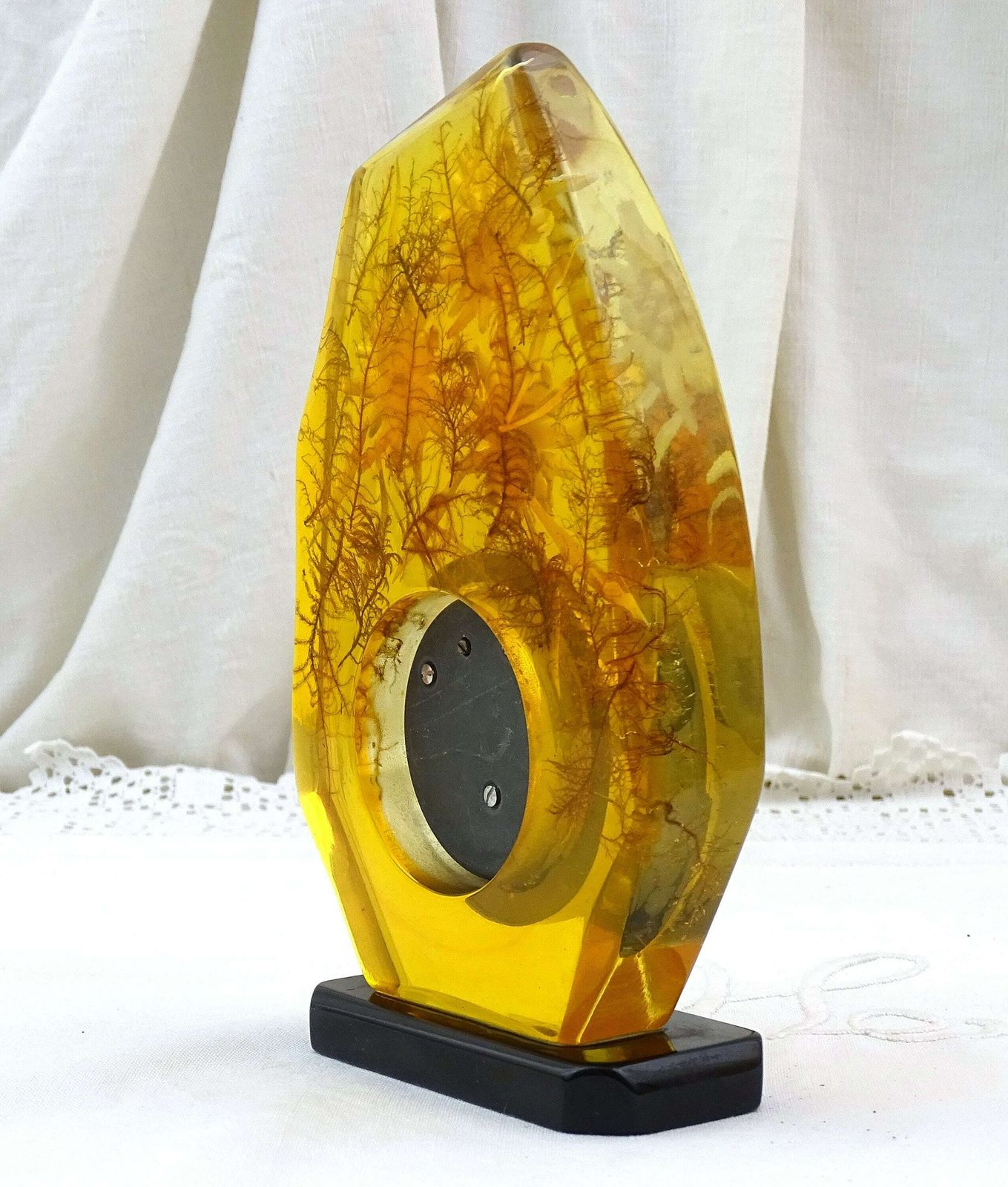 1960s / 1970s Vintage Alpine French Yellow Clear Resin With Edelweiss Flower And Mountain Moss Enclosed Free Standing Barometer Made By Hand photo 53.0