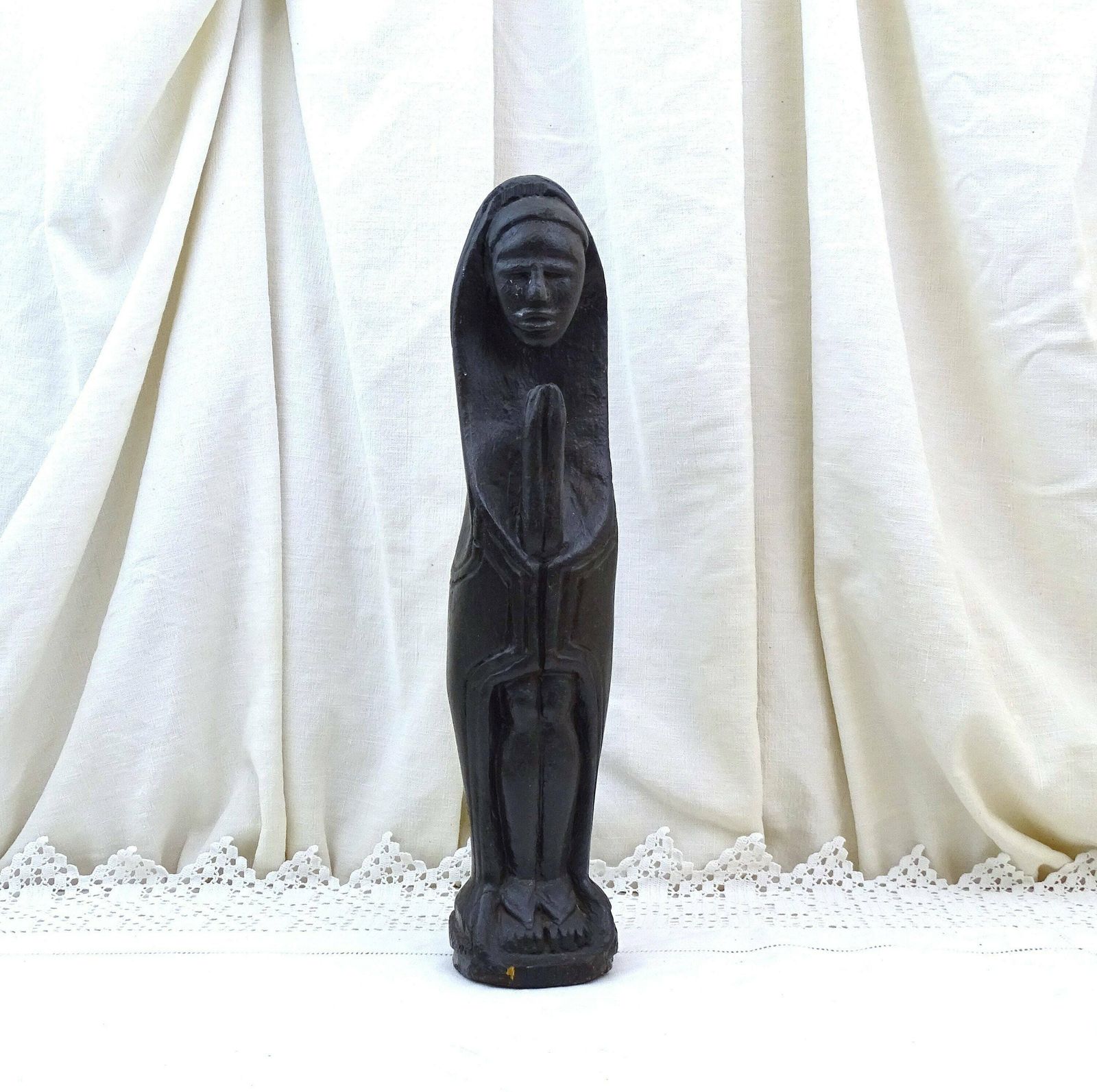 Antique African Hand Carved Ebonized Wooden Virgin Mary Statue, Vintage Christian Figurine Of Our Lady Made Of Black Wood From Africa