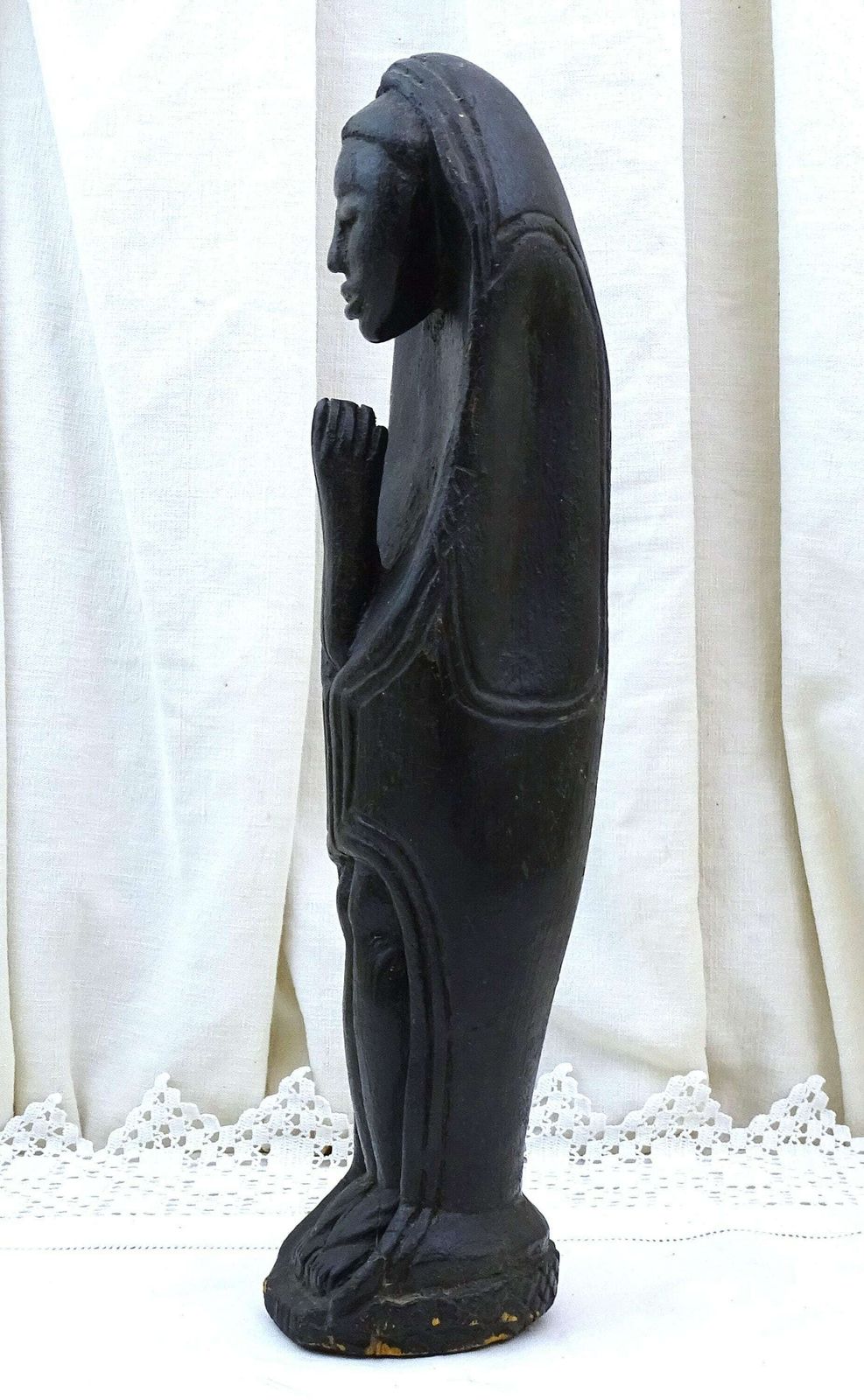 Antique African Hand Carved Ebonized Wooden Virgin Mary Statue, Vintage Christian Figurine Of Our Lady Made Of Black Wood From Africa photo vinterior
