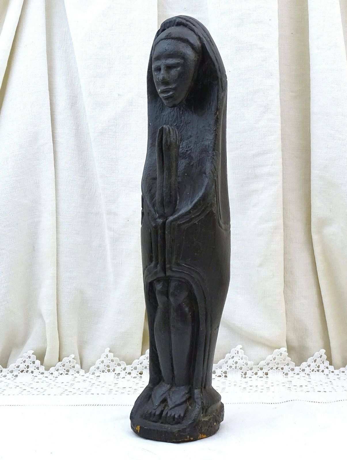 Antique African Hand Carved Ebonized Wooden Virgin Mary Statue, Vintage Christian Figurine Of Our Lady Made Of Black Wood From Africa photo buy