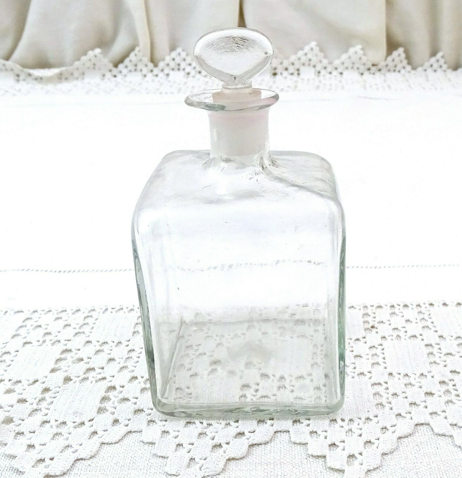 Antique French Mold Blown Clear Glass Square Shaped Bottle With Original Stopper, Rare Curio Victorian Glassware From France, Brocante Style photo for sale