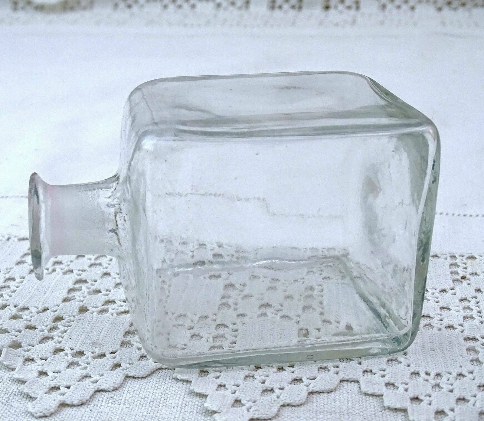 Antique French Mold Blown Clear Glass Square Shaped Bottle With Original Stopper, Rare Curio Victorian Glassware From France, Brocante Style photo vintage