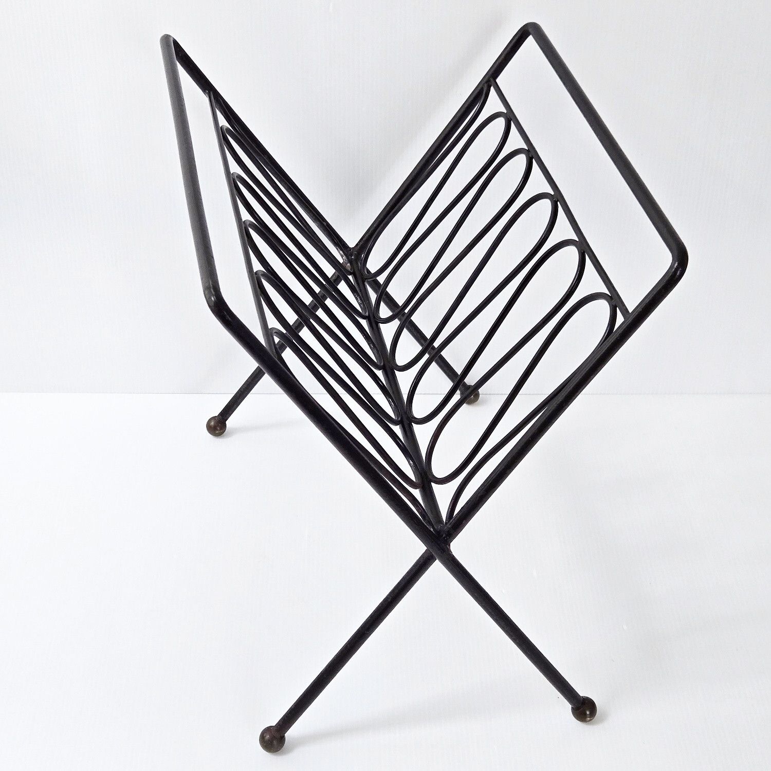 Vintage 1950s Black Lacquer Steel & Brass Dlg Jean Royere Magazine Rack 50s 1950s photo furniture