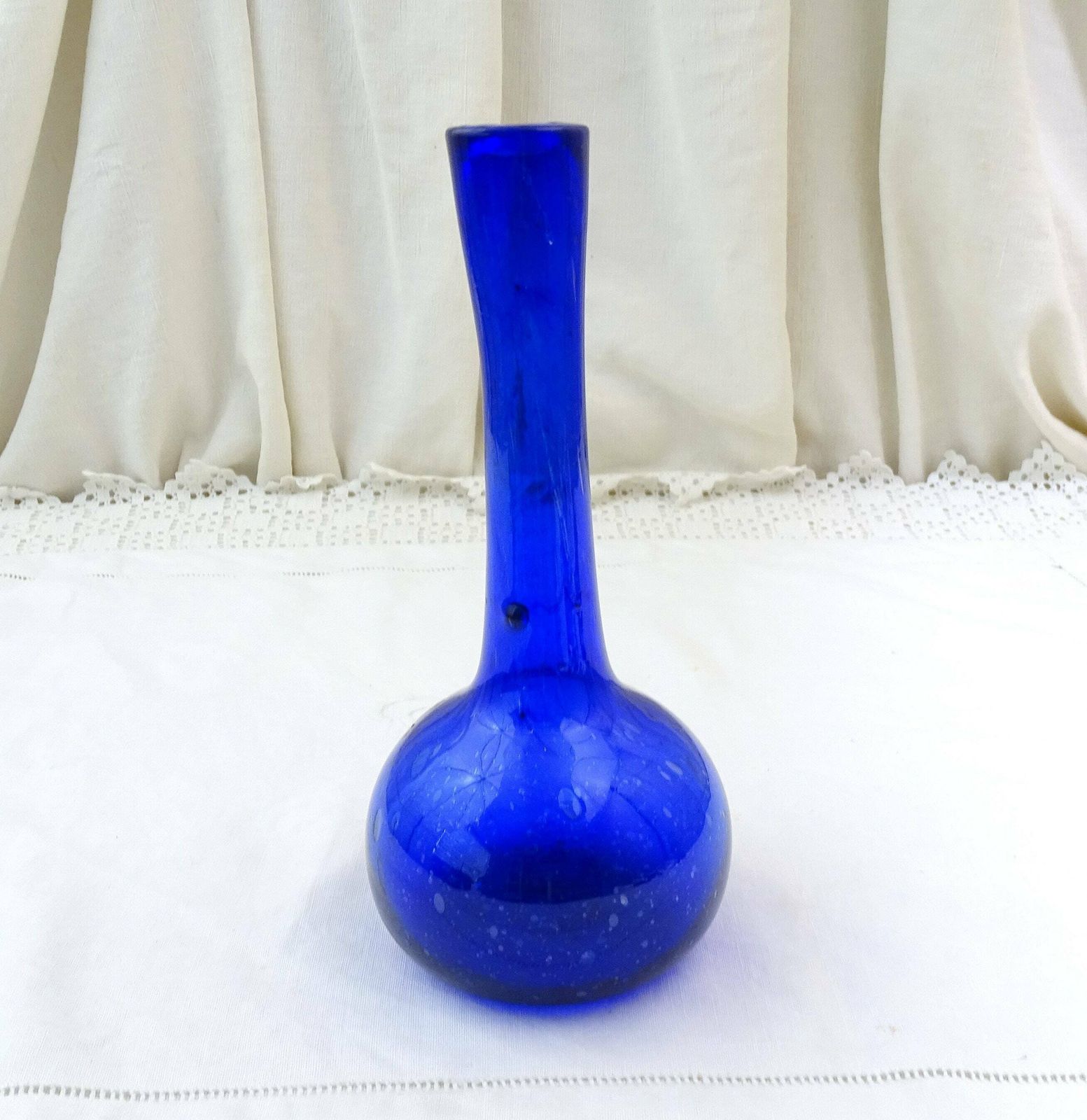 Vintage French Bottle Blue Blown Glass Tall Necked Vase With Random Air Bubbles, Retro Artisan Posy Vase From France, Old Flower Arranging photo furniture