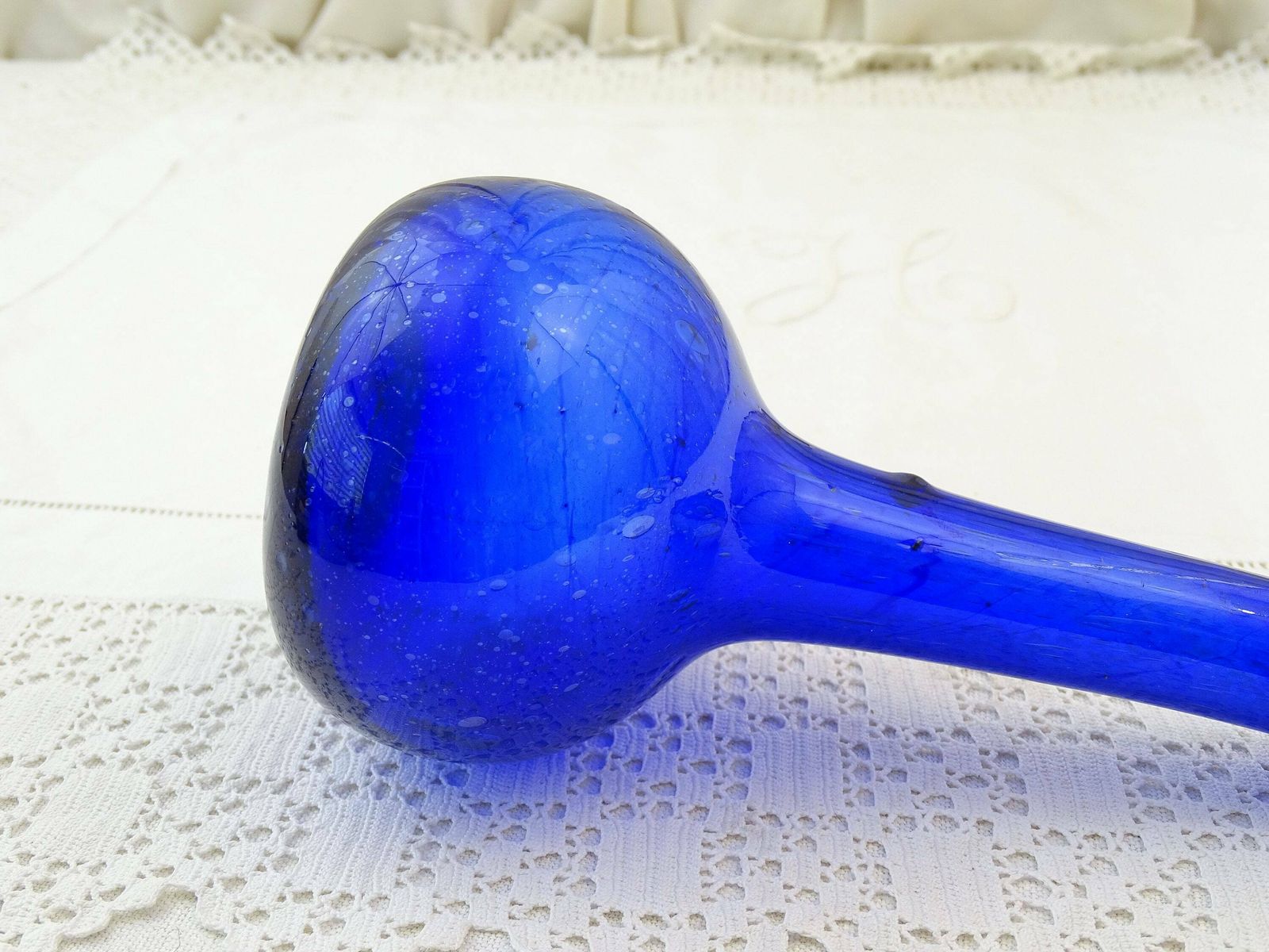 Vintage French Bottle Blue Blown Glass Tall Necked Vase With Random Air Bubbles, Retro Artisan Posy Vase From France, Old Flower Arranging photo Home Decor
