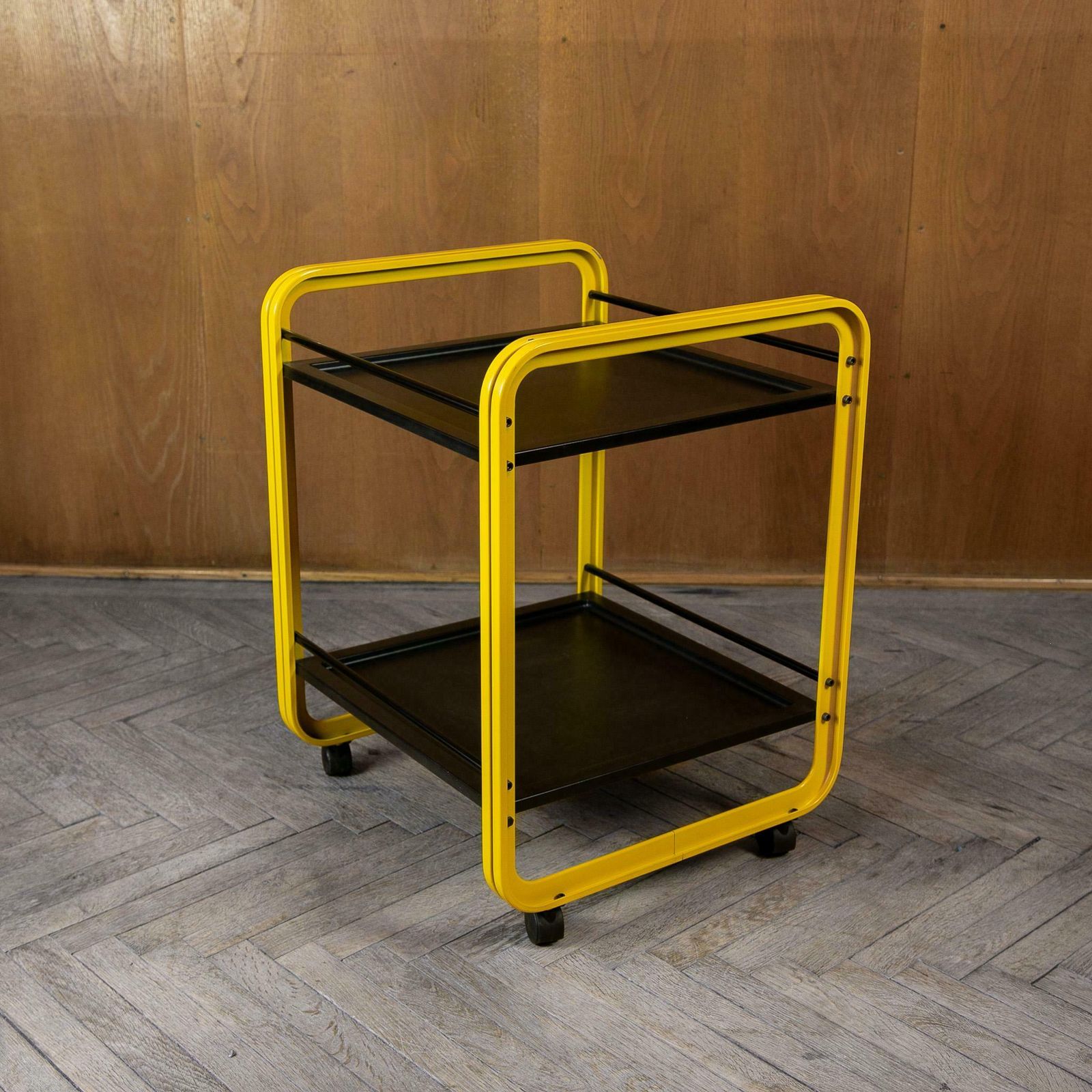 Postmodern Yellow Black Trolley On Castors By Secco, Italy 1980s photo furniture