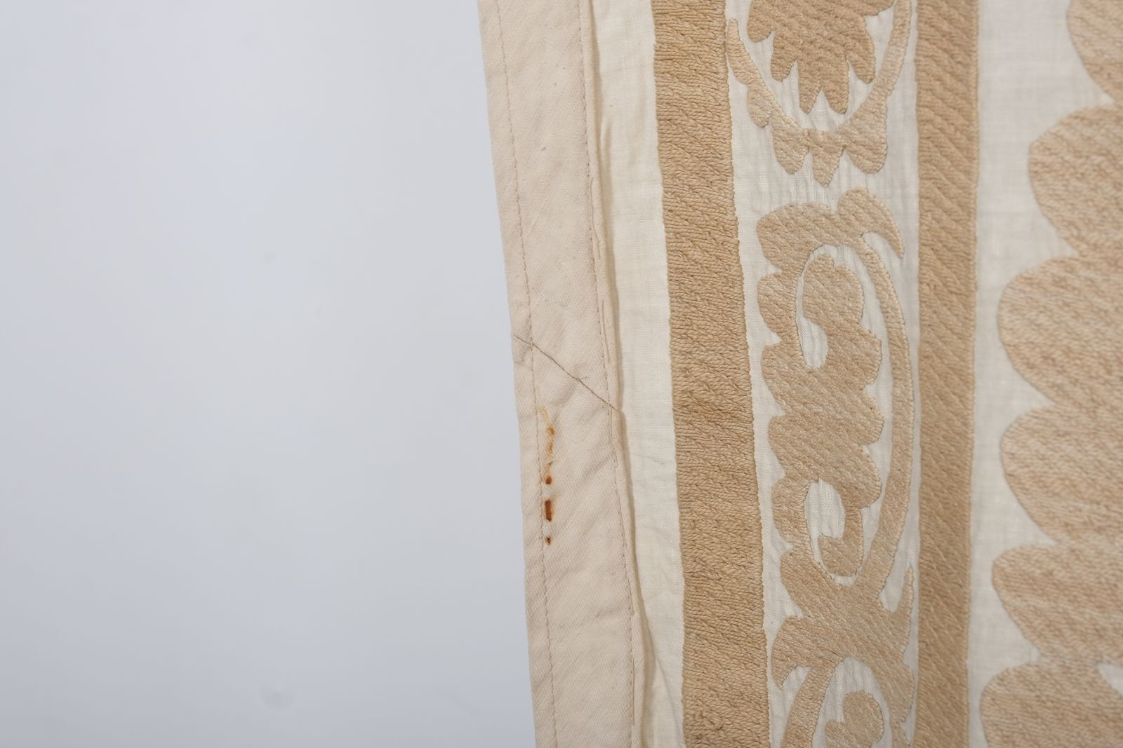 photo for sale Suzani Pastel Table Cover, Dated Tribal Embroidery Wall Decor, Beige Neutral Color Suzani Bedspread, Ethnic Fabric 4'7'' X 4'8''
