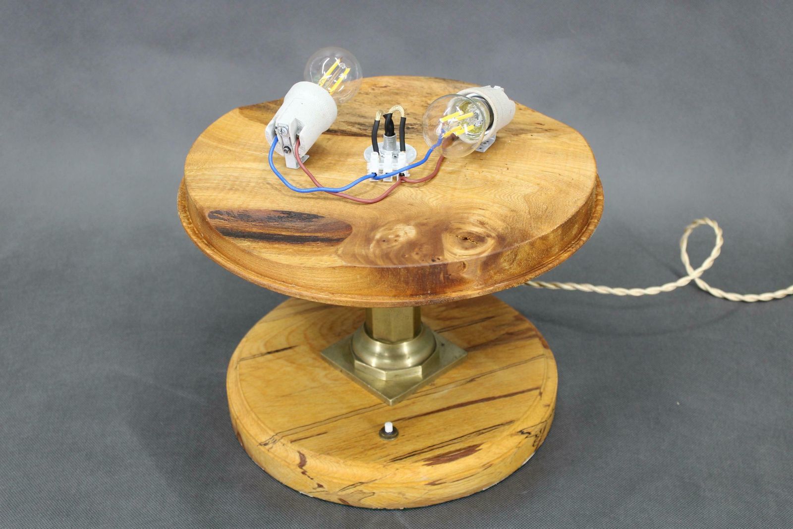photo furniture 1940s Restored Brass Table Lamp With Wooden Base And Glass Shade