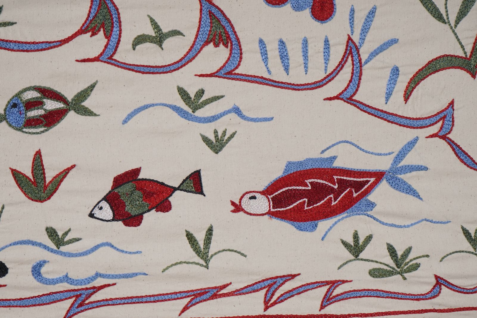 Uzbek Suzani Cotton Table Runner   Fish Embroidered Design Perfect For Unique Home Decor 1'6'' X 4'6'' photo vinterior