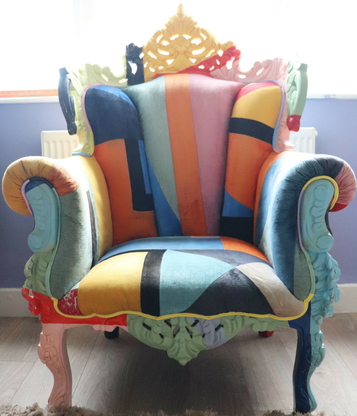 Big Brother 2009 Style Wing Arm Chair Colourful Velour Patchwork Wooden Frame