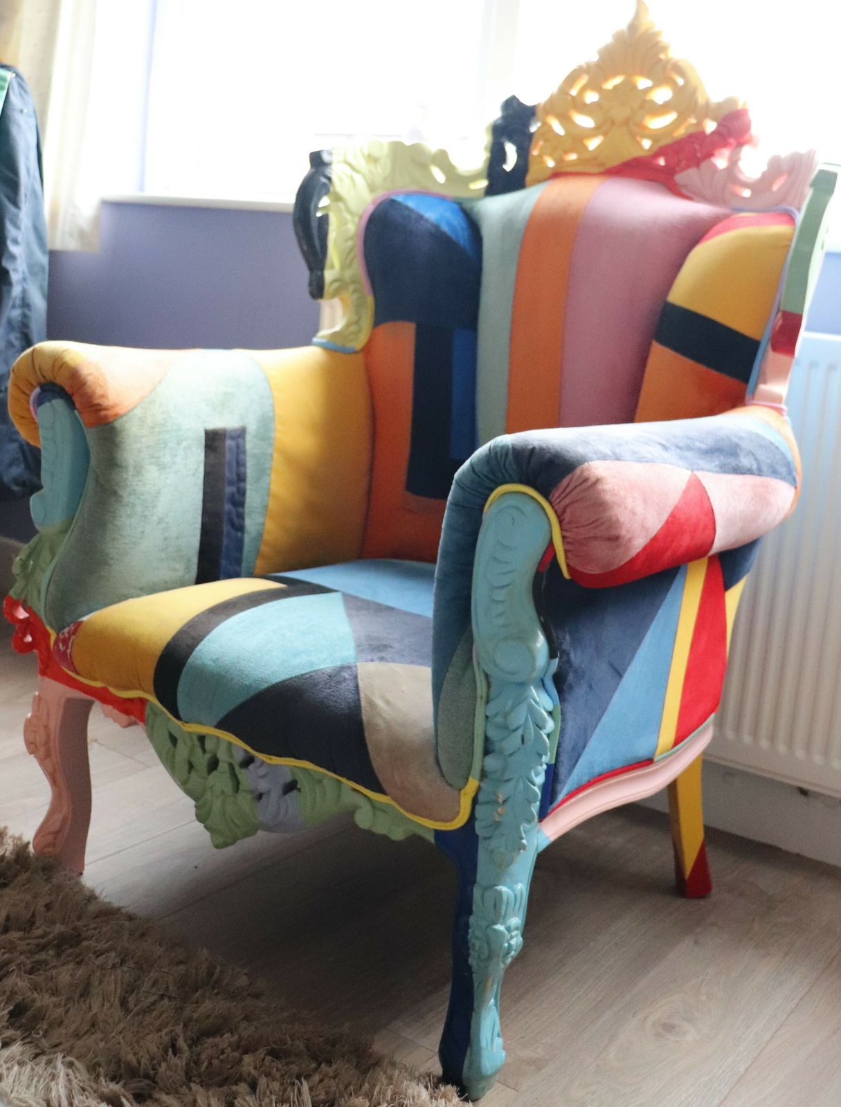Furniture Big Brother 2009 Style Wing Arm Chair Colourful Velour Patchwork Wooden Frame photo