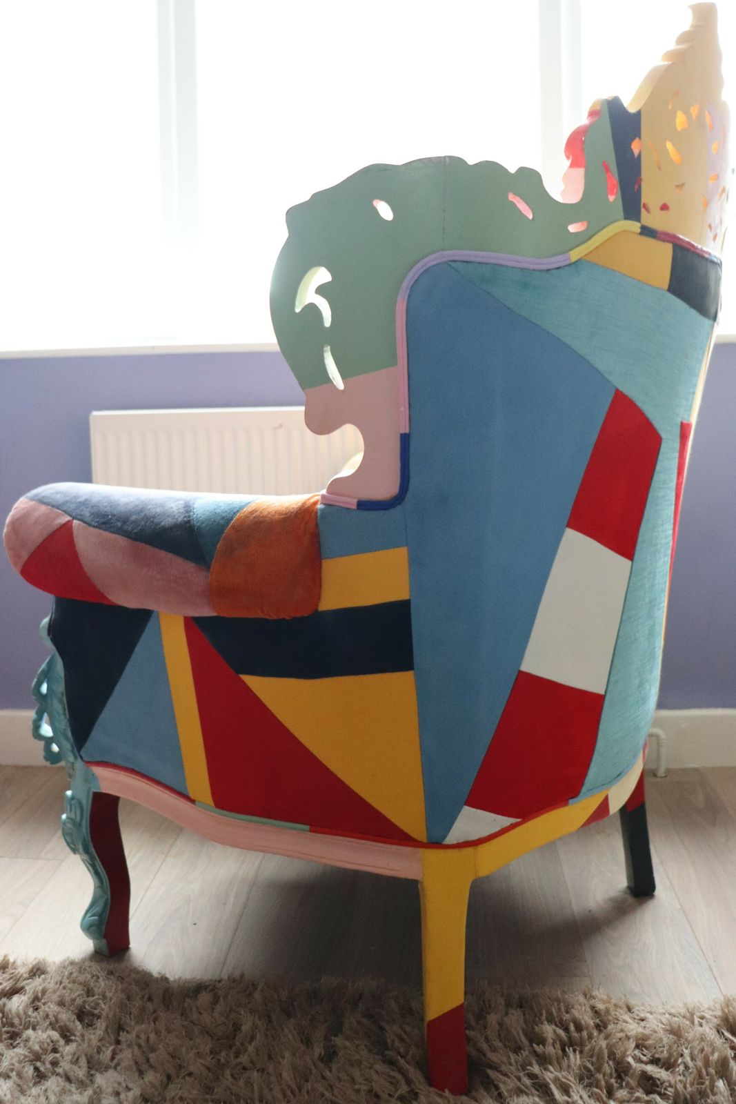 photo vintage Big Brother 2009 Style Wing Arm Chair Colourful Velour Patchwork Wooden Frame