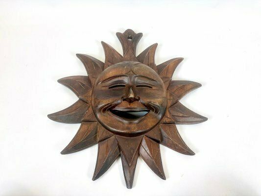 Wooden Carved Sun Face Sunburst Wall Sculpture, 20th Century photo buy