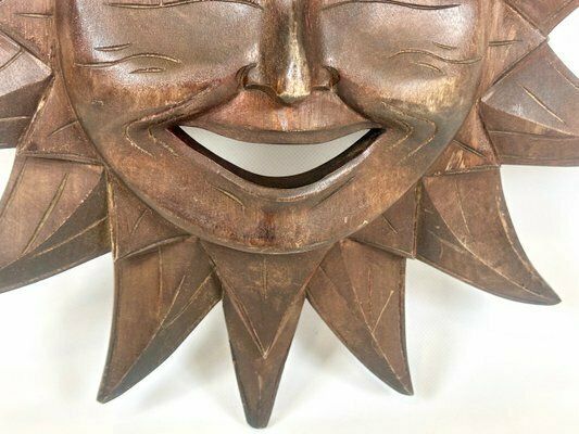 373.0 Wooden Carved Sun Face Sunburst Wall Sculpture, 20th Century photo