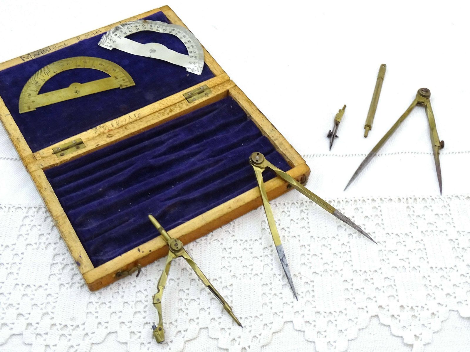 Small Antique French Draftsman Set With Brass Tools Purple Velvet Lined Wooden Box, Retro Drawing Accessory From France, Compass Set
