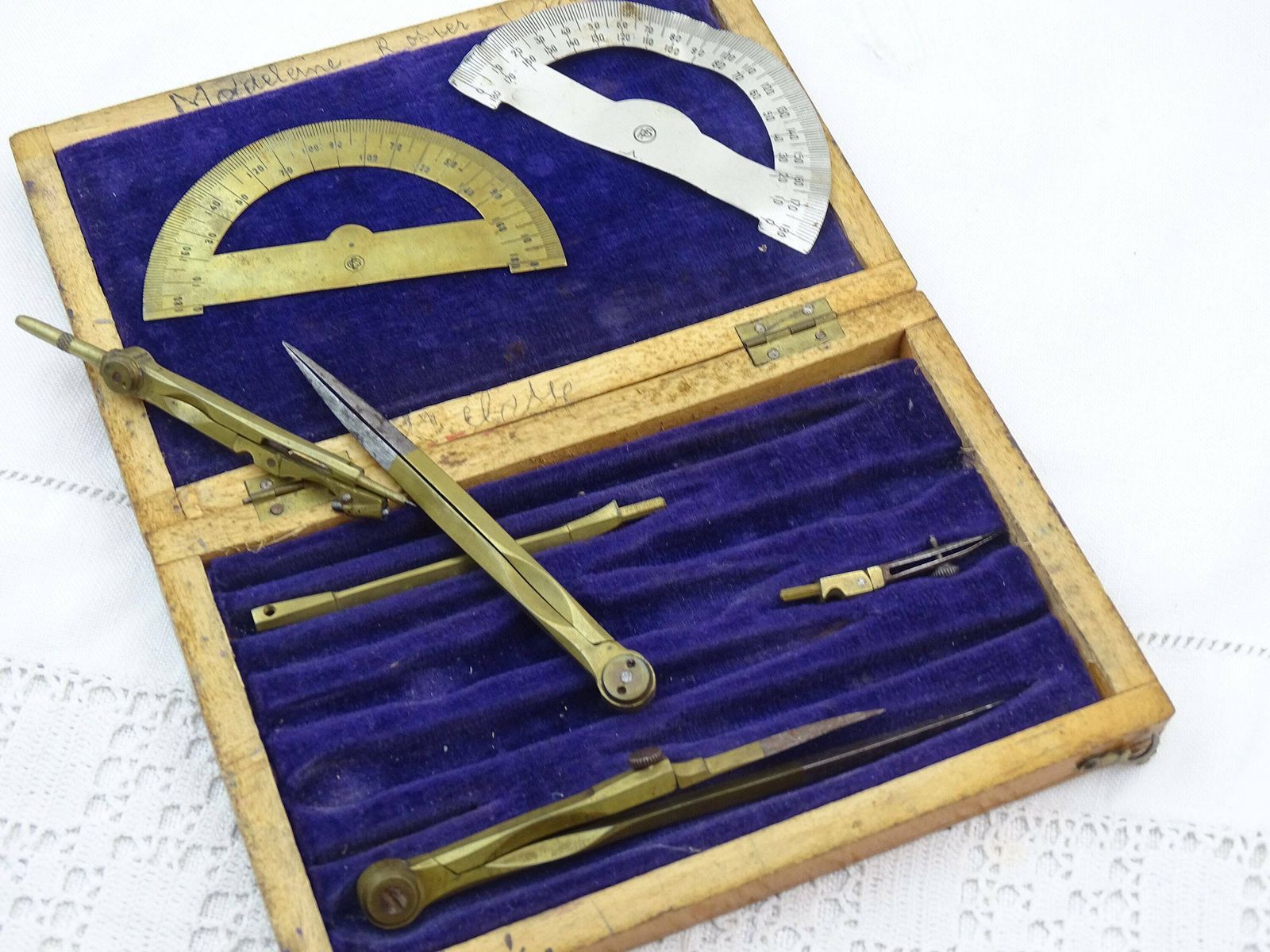 Small Antique French Draftsman Set With Brass Tools Purple Velvet Lined Wooden Box, Retro Drawing Accessory From France, Compass Set photo vintage