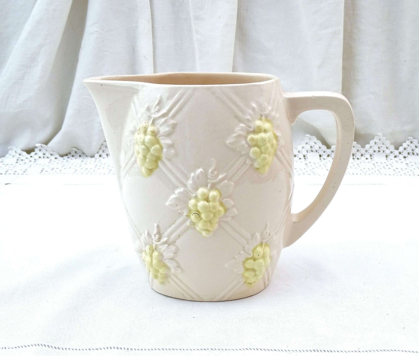 Antique French Digoin Majolica Ceramic Pitcher In Pale Pink And Yellow With Grape Pattern, Vintage Decorative Pottery Jug From France