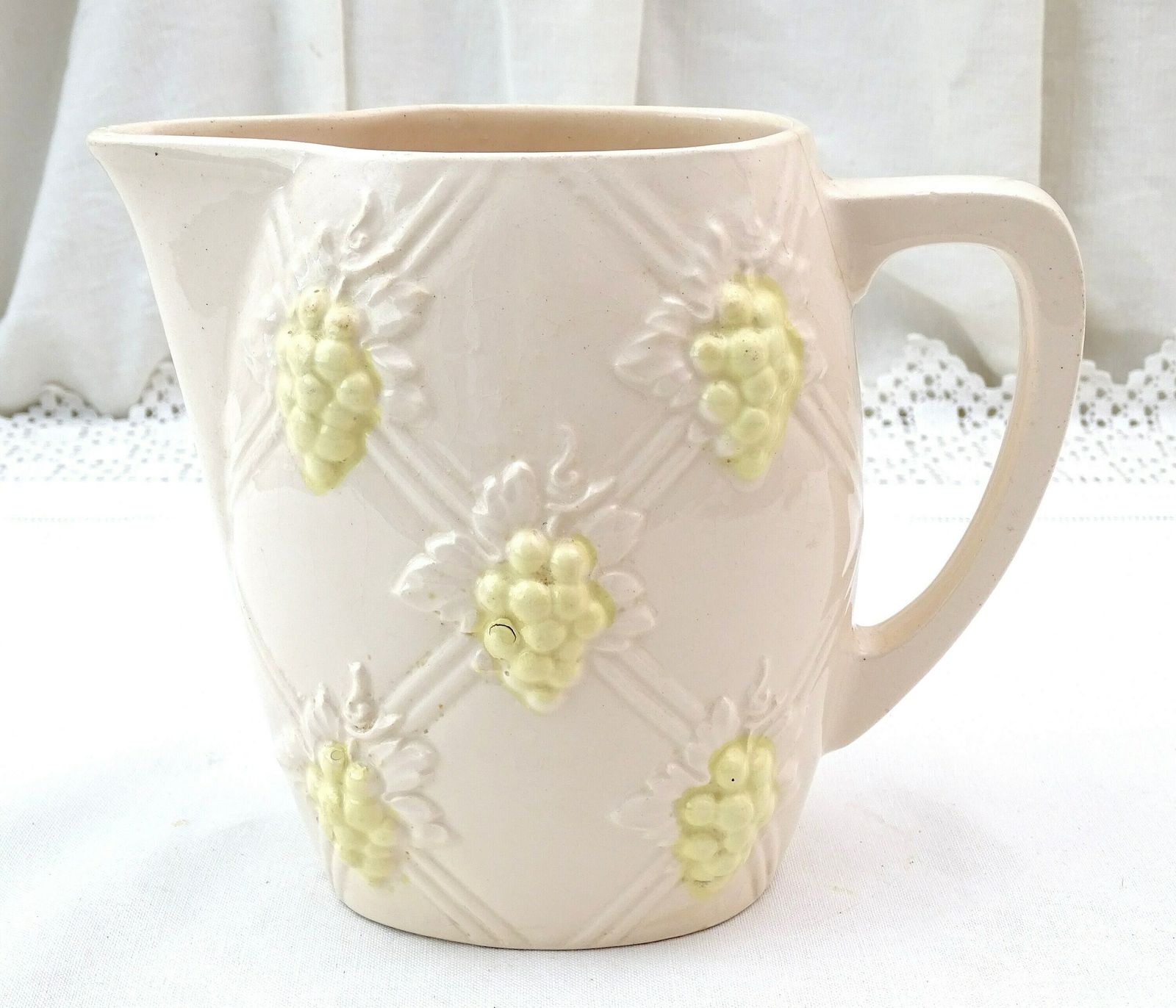 Antique French Digoin Majolica Ceramic Pitcher In Pale Pink And Yellow With Grape Pattern, Vintage Decorative Pottery Jug From France photo for sale