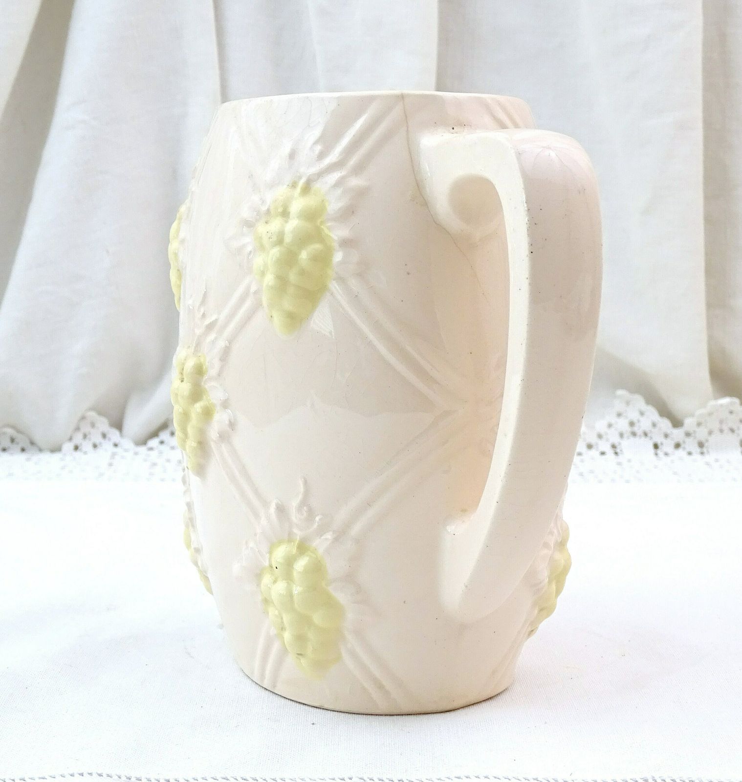 Antique French Digoin Majolica Ceramic Pitcher In Pale Pink And Yellow With Grape Pattern, Vintage Decorative Pottery Jug From France photo Home Decor