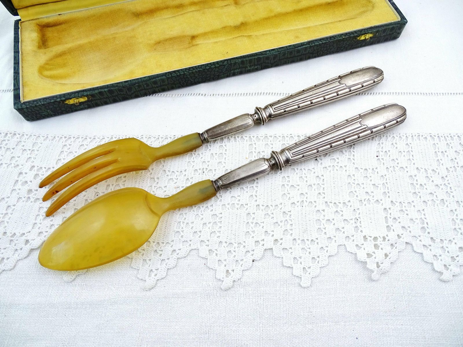 French Antique Boxed Sterling Silver And Horn Salad Serving Spoon And Fork Set By Luber & Cie Hallmarked, Victorian Flatware From France