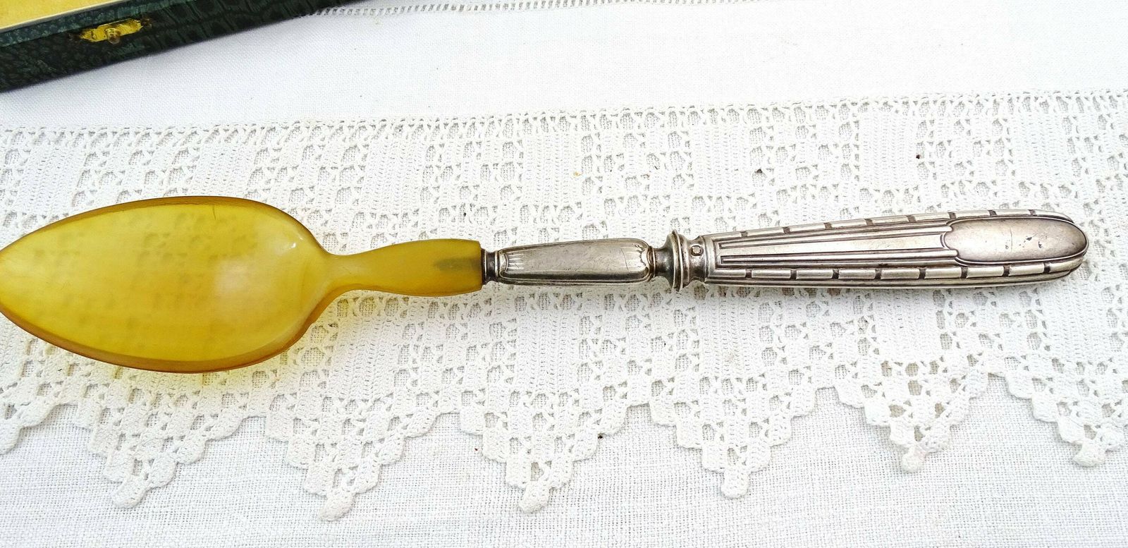 French Antique Boxed Sterling Silver And Horn Salad Serving Spoon And Fork Set By Luber & Cie Hallmarked, Victorian Flatware From France photo 92.0