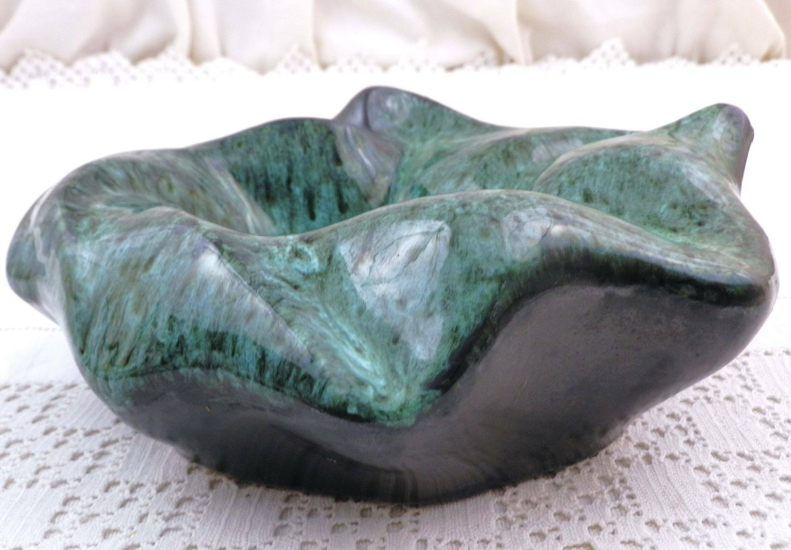Large Vintage Mid Century Modern Black And Mottled Green Ceramic Vallauris Style Vide Poche, 1960s Collectible Pottery Ashtray From France photo buy