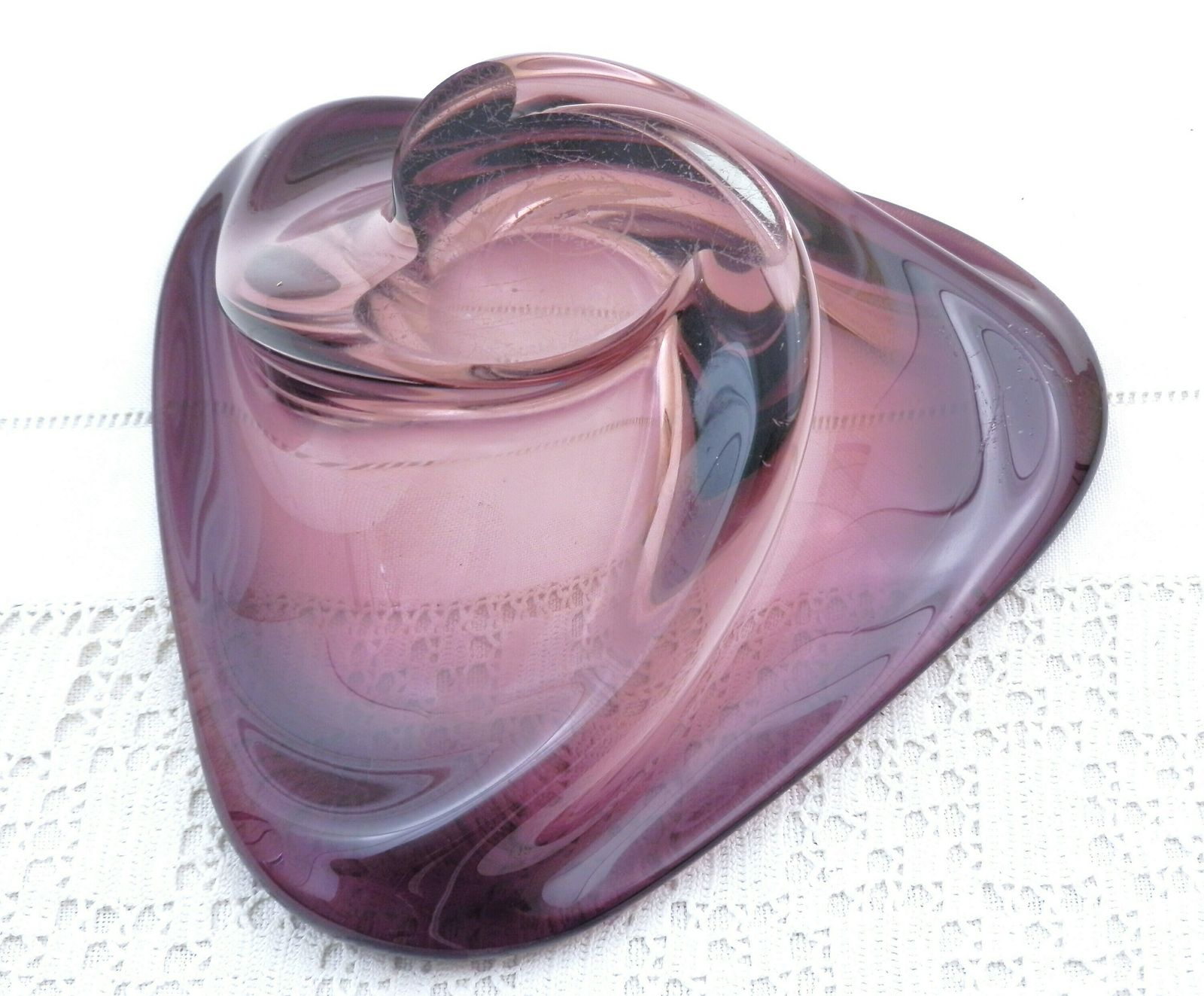 French Vintage Mid Century Purple Crystal Art Glass Table Triangular Center Piece Made By Art Vannes, Retro 1960s Large Cigar Ashtray photo Home Decor