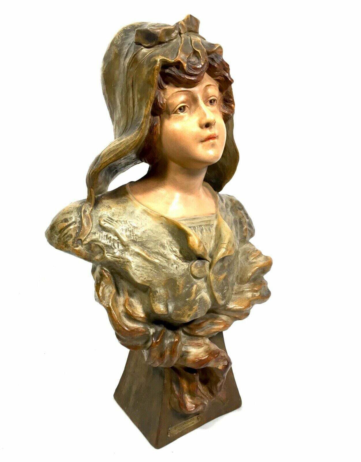 Antique Art Nouveau French Girl Painted Terracotta Bust Early 20th Century C1910