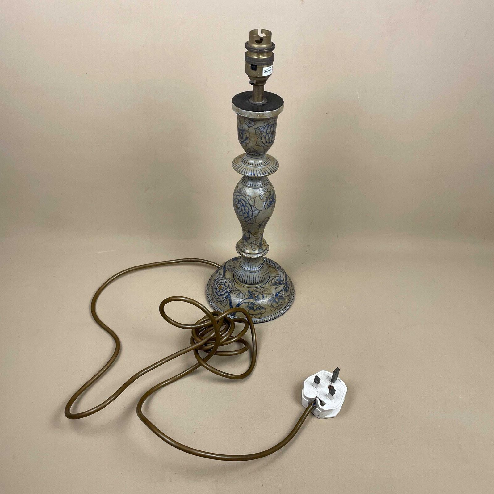 photo for sale Antique Hand Painted Floral Wooden Lamp Light Bedside Side Table Desk Column Round Base Vintage Farmhouse Cottage Decor Wood Flower Pattern