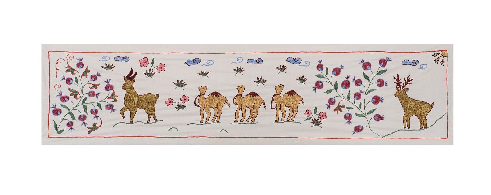Uzbek Suzani Animal Cotton Tablecloth, 19th Century Bukhara Wall Hanging Decor   Deer And Camel Cotton Runner 1'6'' X 6'