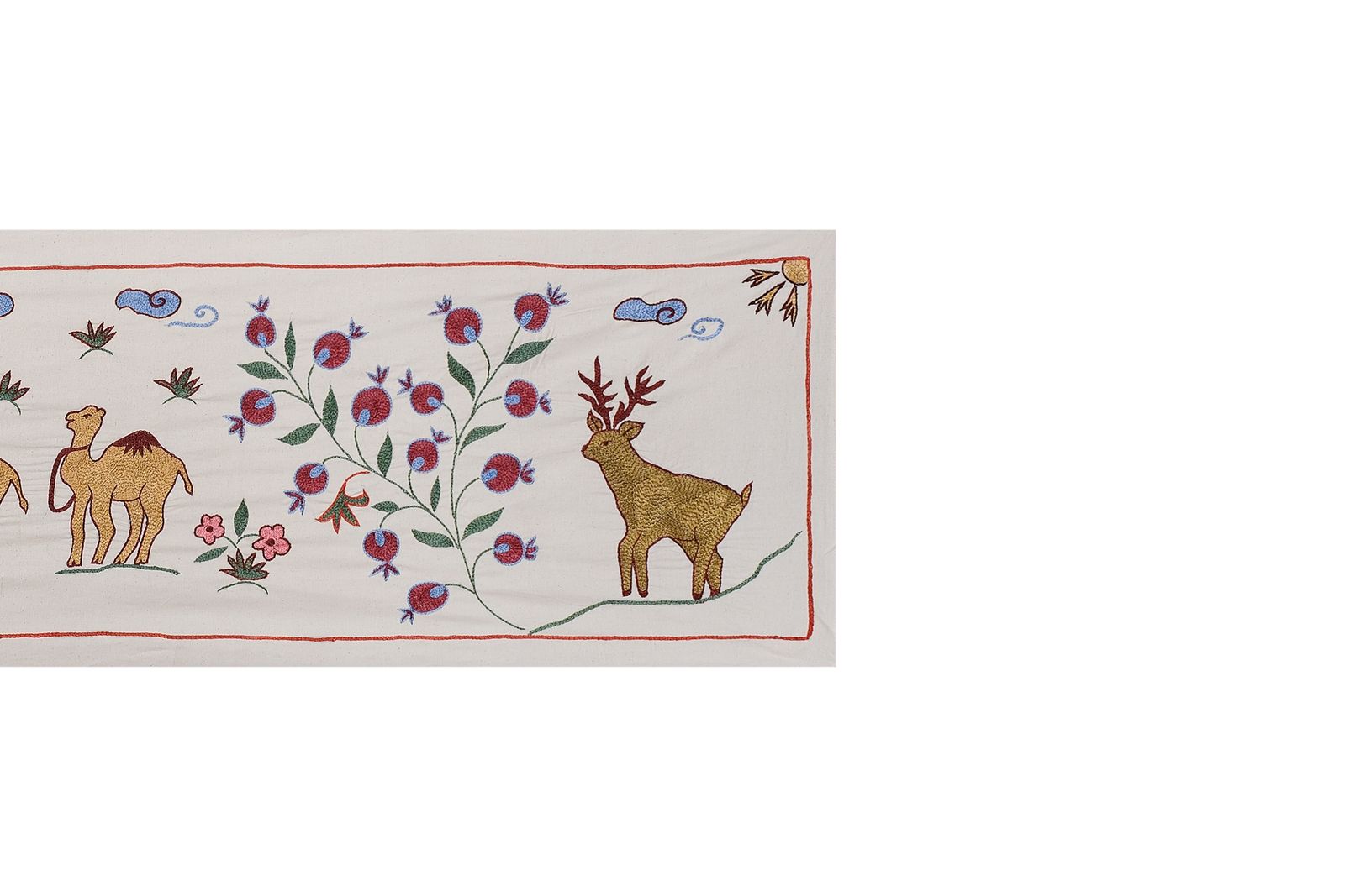 Uzbek Suzani Animal Cotton Tablecloth, 19th Century Bukhara Wall Hanging Decor   Deer And Camel Cotton Runner 1'6'' X 6' photo vinterior