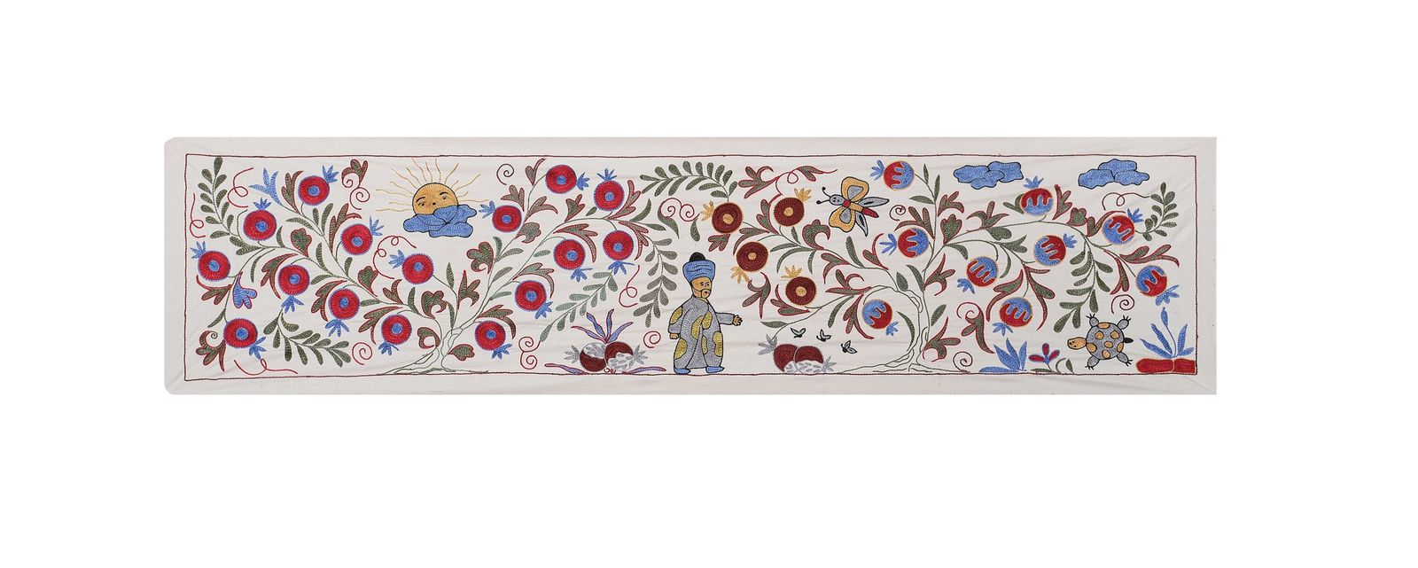 Vintage Uzbek Suzani Tablecloth   Hand Embroidered 19th Century Wall Hanging   Human Pictorial Runner 1'6'' X 6'1''