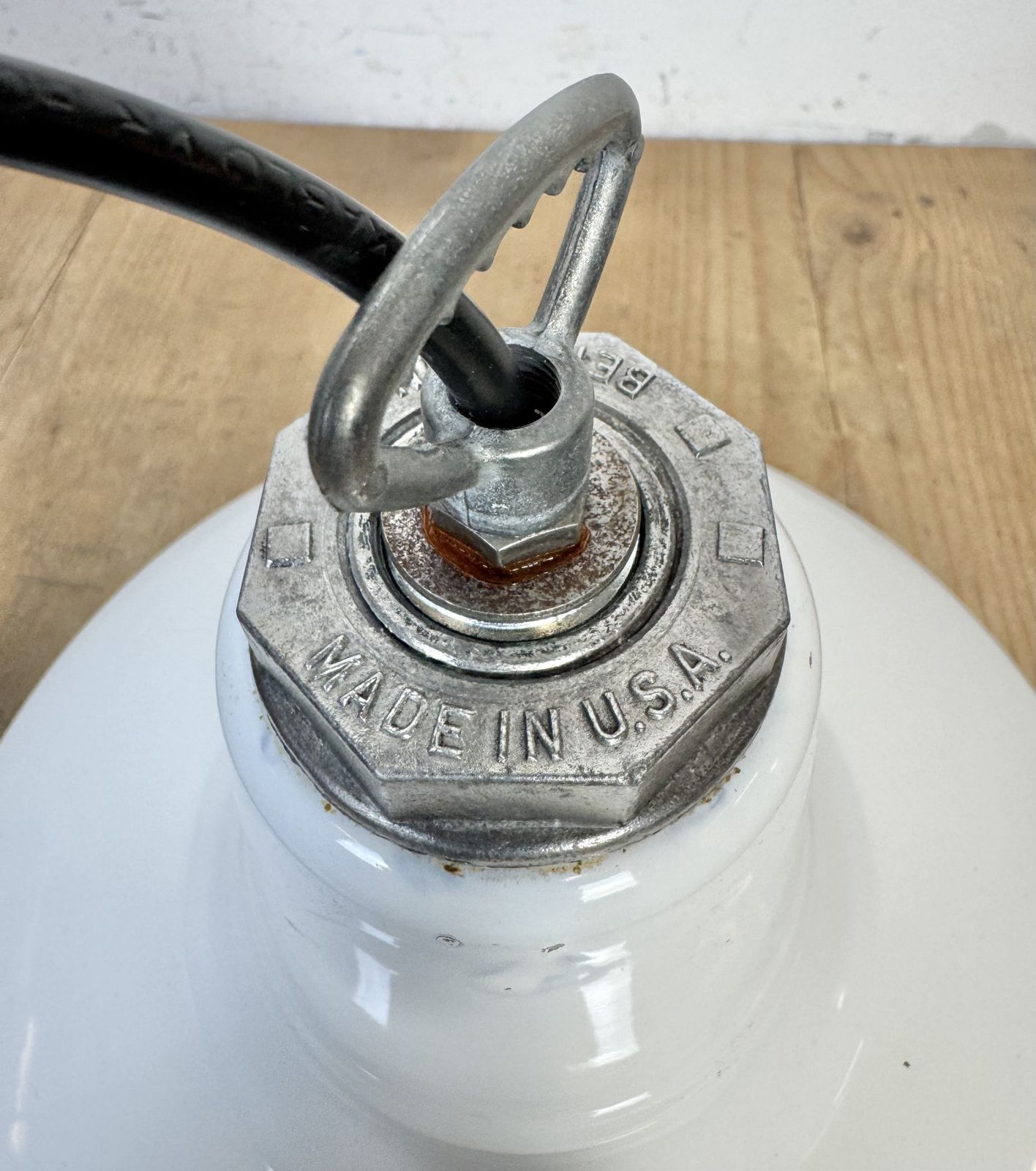 Industrial White Enamel Factory Pendant Lamp From Benjamin USA, 1960s, 2x photo Lighting