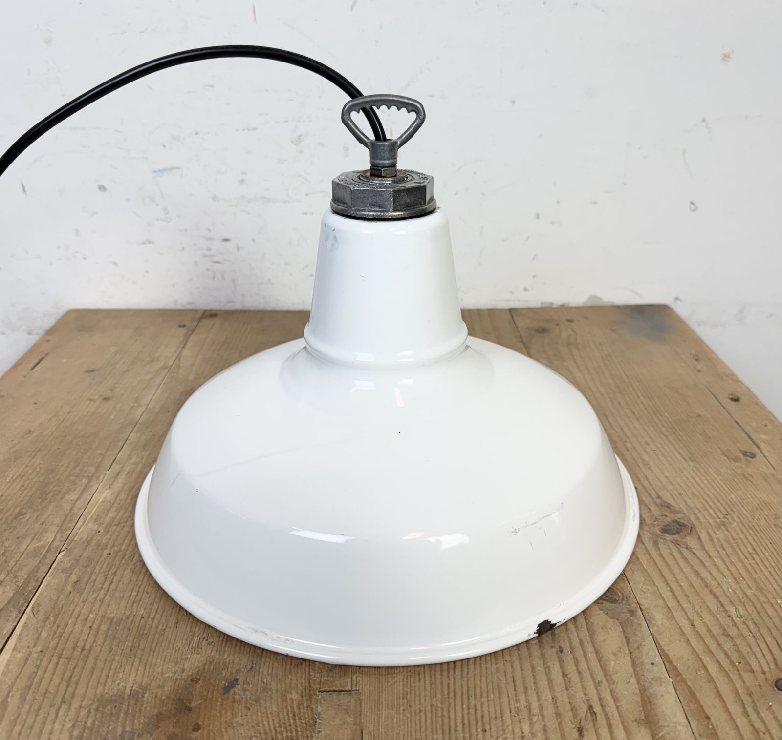 photo for sale Industrial White Enamel Factory Pendant Lamp From Benjamin USA, 1960s, 2x