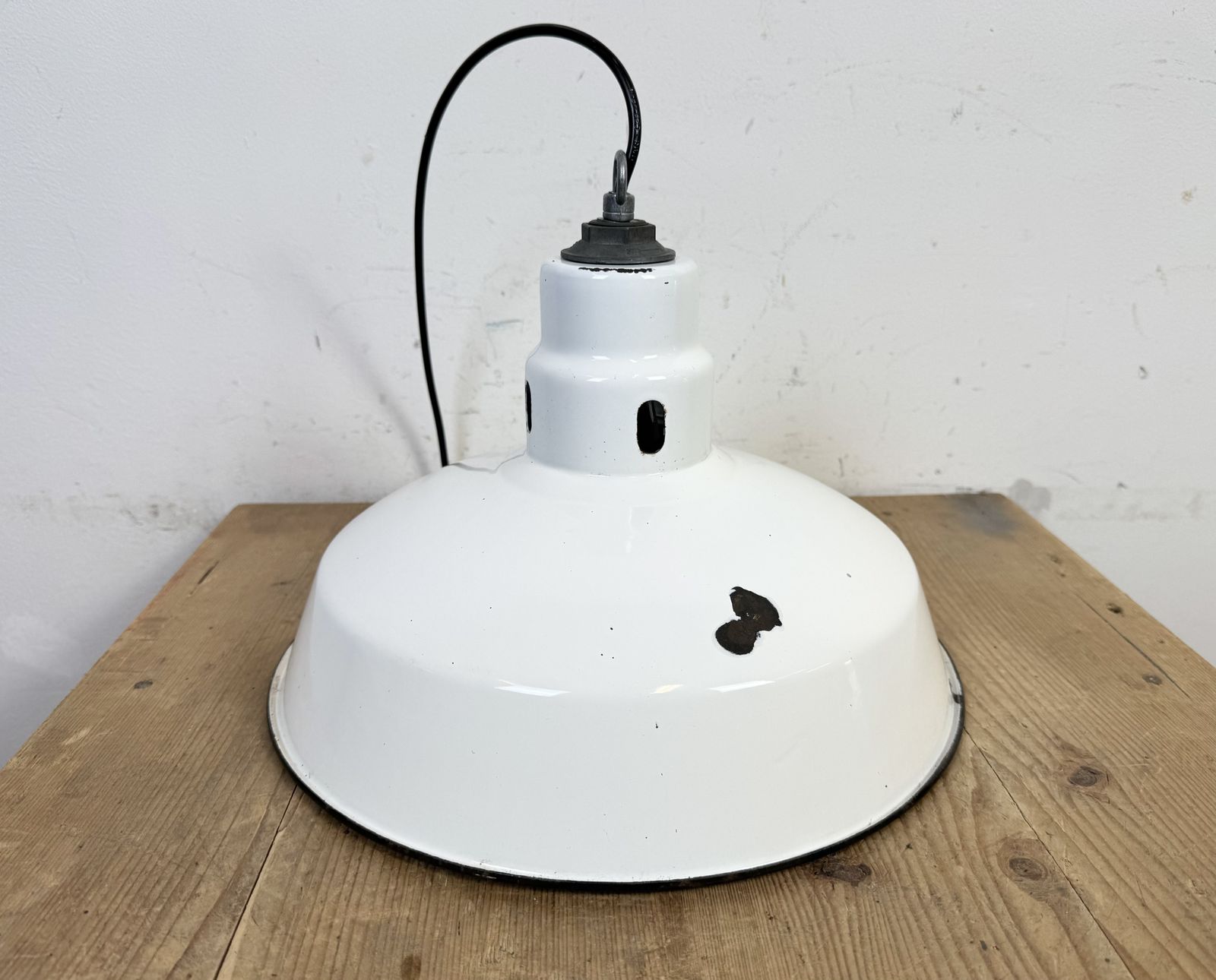 Industrial White Enamel Factory Pendant Lamp From Abolite, 1960s photo furniture