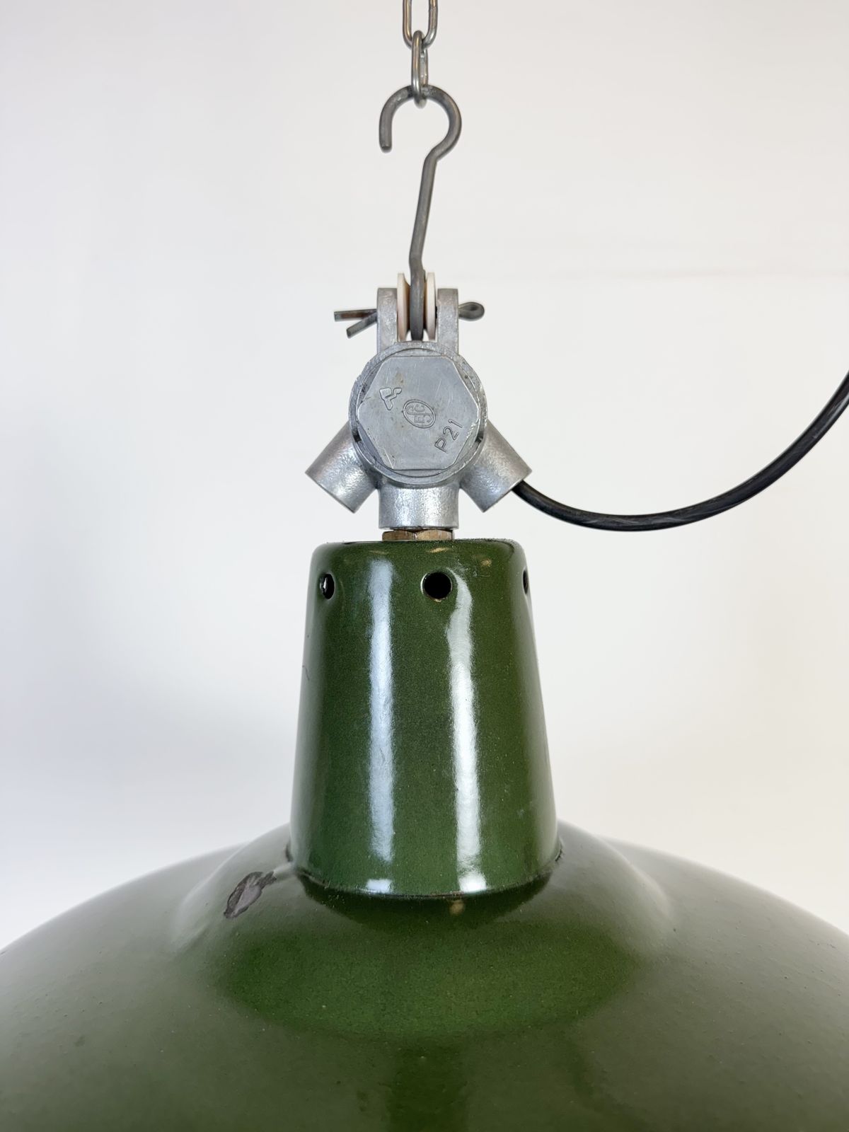 Industrial French Green Enamel Factory Pendant Lamp, 1960s photo buy