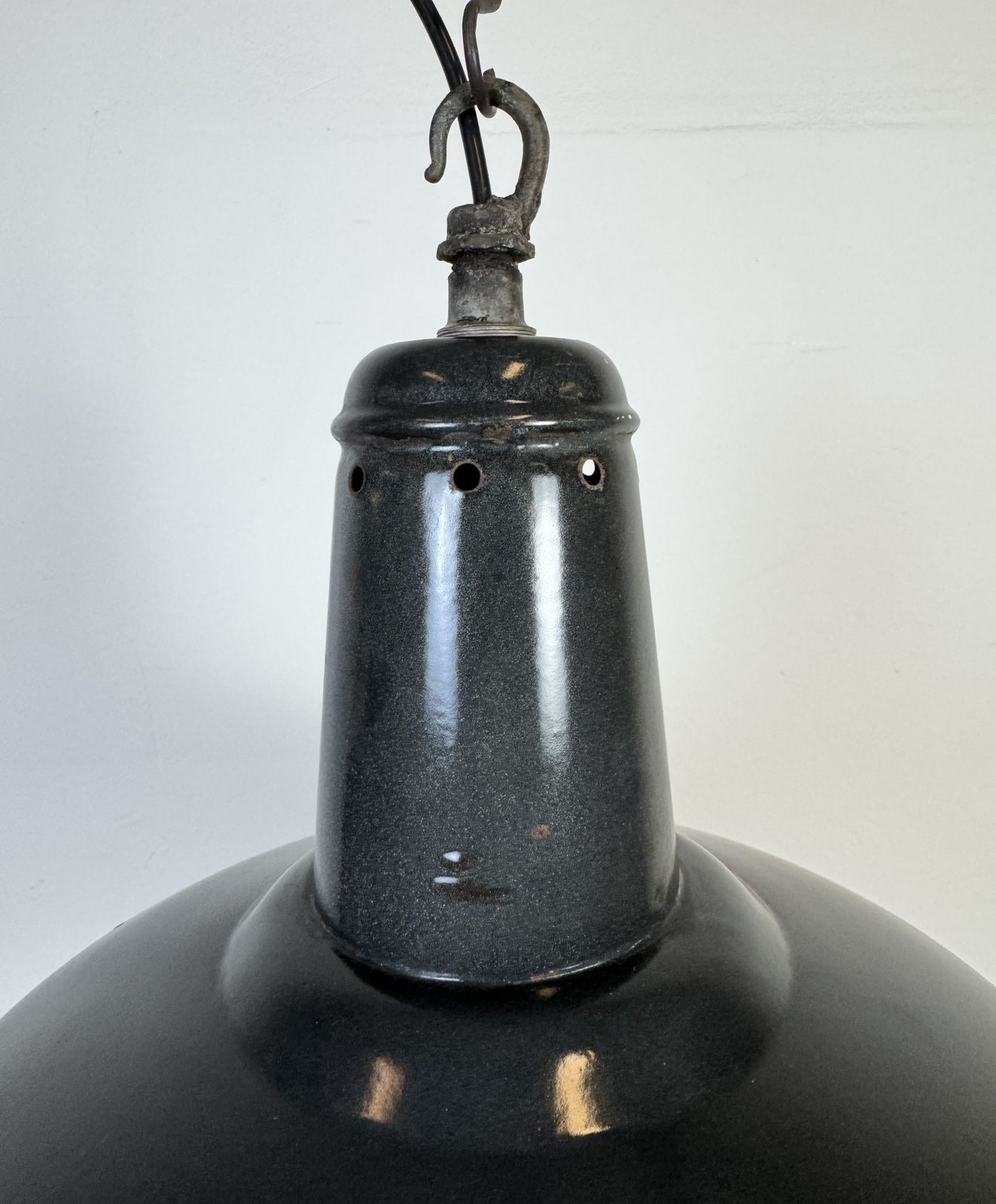 photo vinterior Industrial French Dark Grey Enamel Factory Pendant Lamp, 1960s, 2x