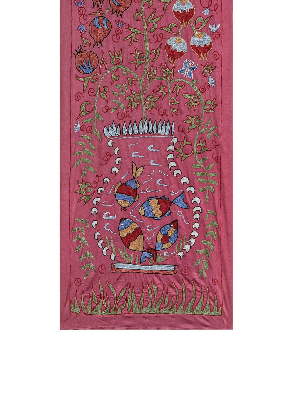 Peacock And Fish Suzani Wall Tapestry – Hand Embroidered Vibrant Red Animal Uzbek Textile 1'8'' X 6'2'' photo vinterior