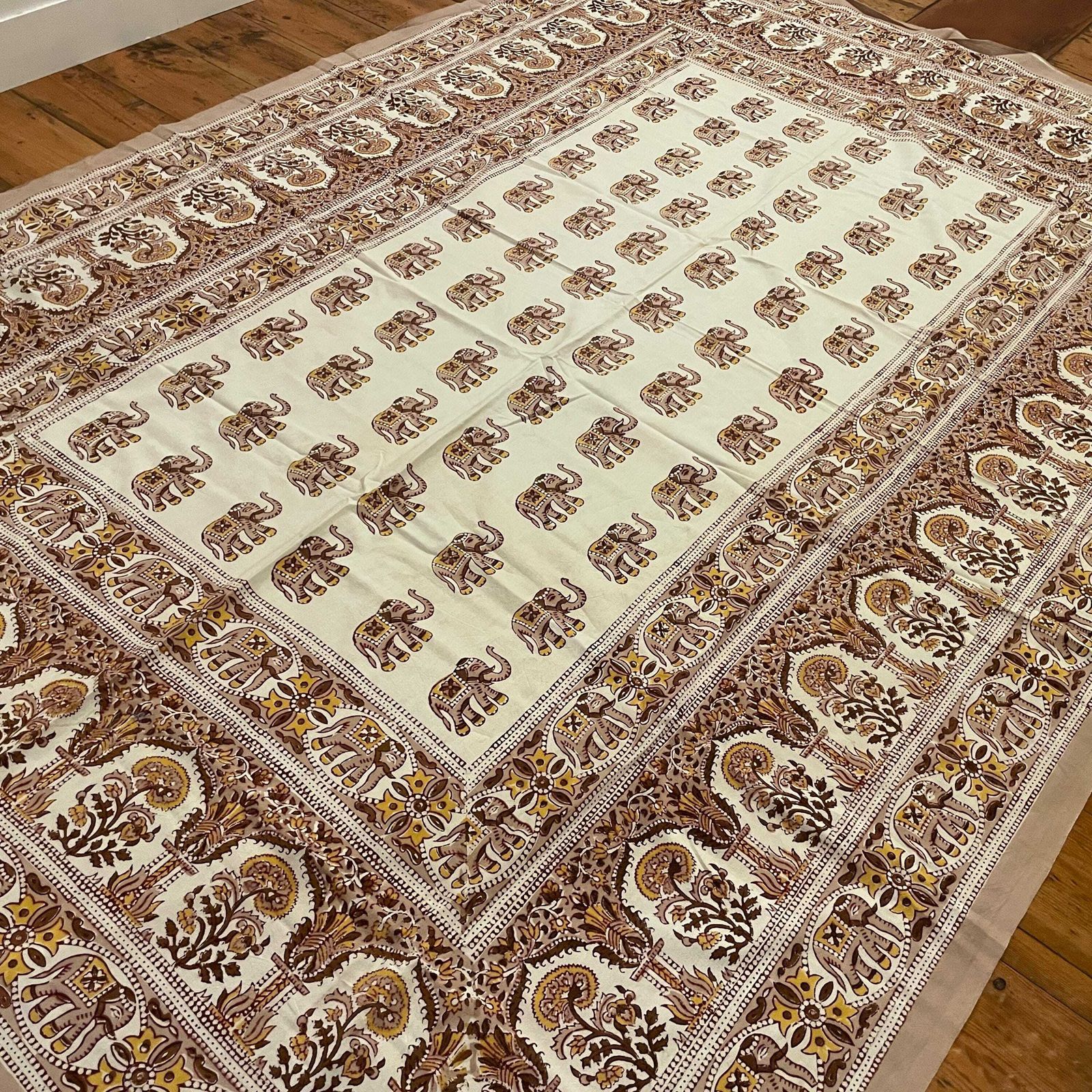 photo for sale Hand Printed Indian Fabric 146x217cm Elephant Pattern Block Pink White Tapestry Cotton Handmade Craft Dress Making Traditional Cloth India