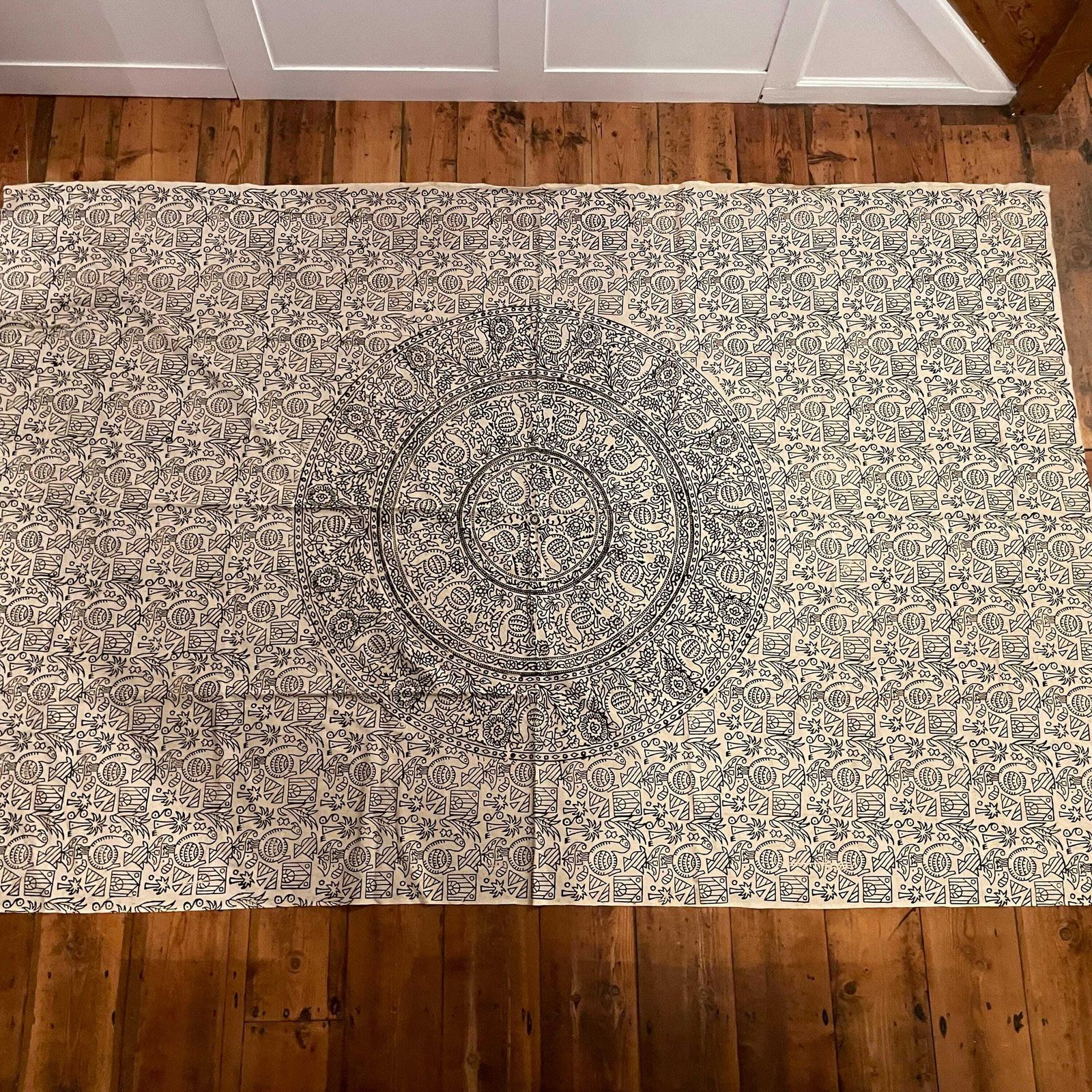 Hand Printed Indian Fabric 150x223cm Pattern Block Black White Tapestry Cotton Handmade Craft Dress Making Traditional Cloth India Patterned photo furniture