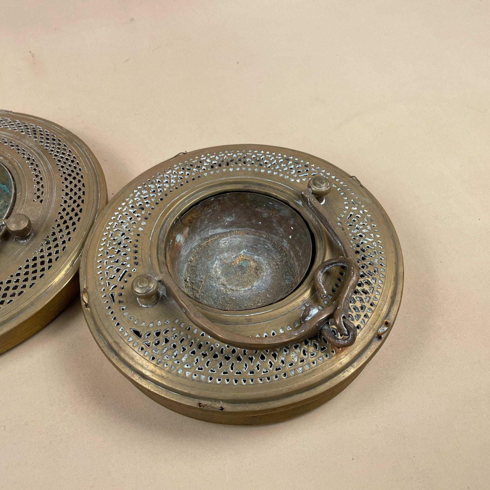 Two Antique Turkish Hanging Lanterns Metal Gold Brass Candle Holder Tea Light Candlestick Metal Work Pattern Handmade Traditional Round photo vintage